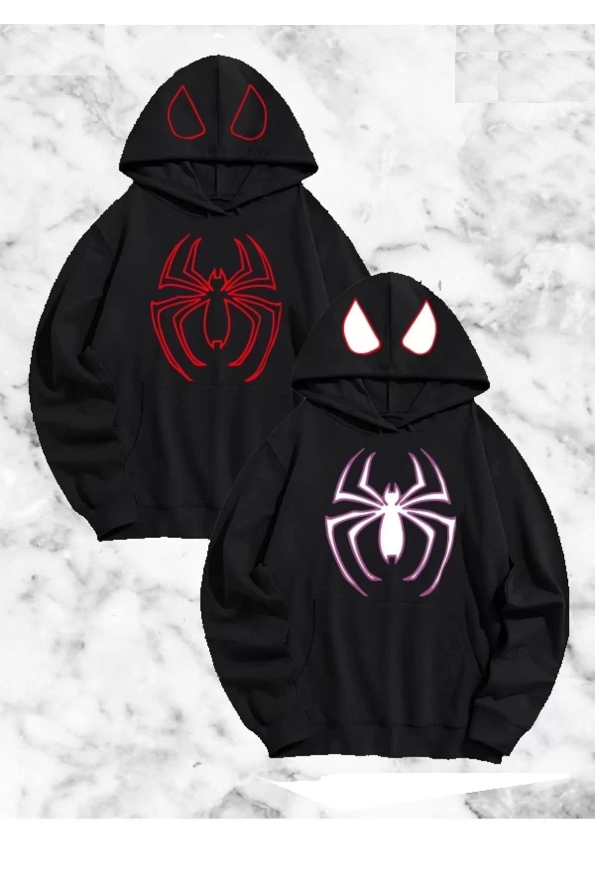 Robahood Örümcek Baskılı Sevgili Çift Kombini Kapüşonlu Sweatshirt & Hodie - Siyah