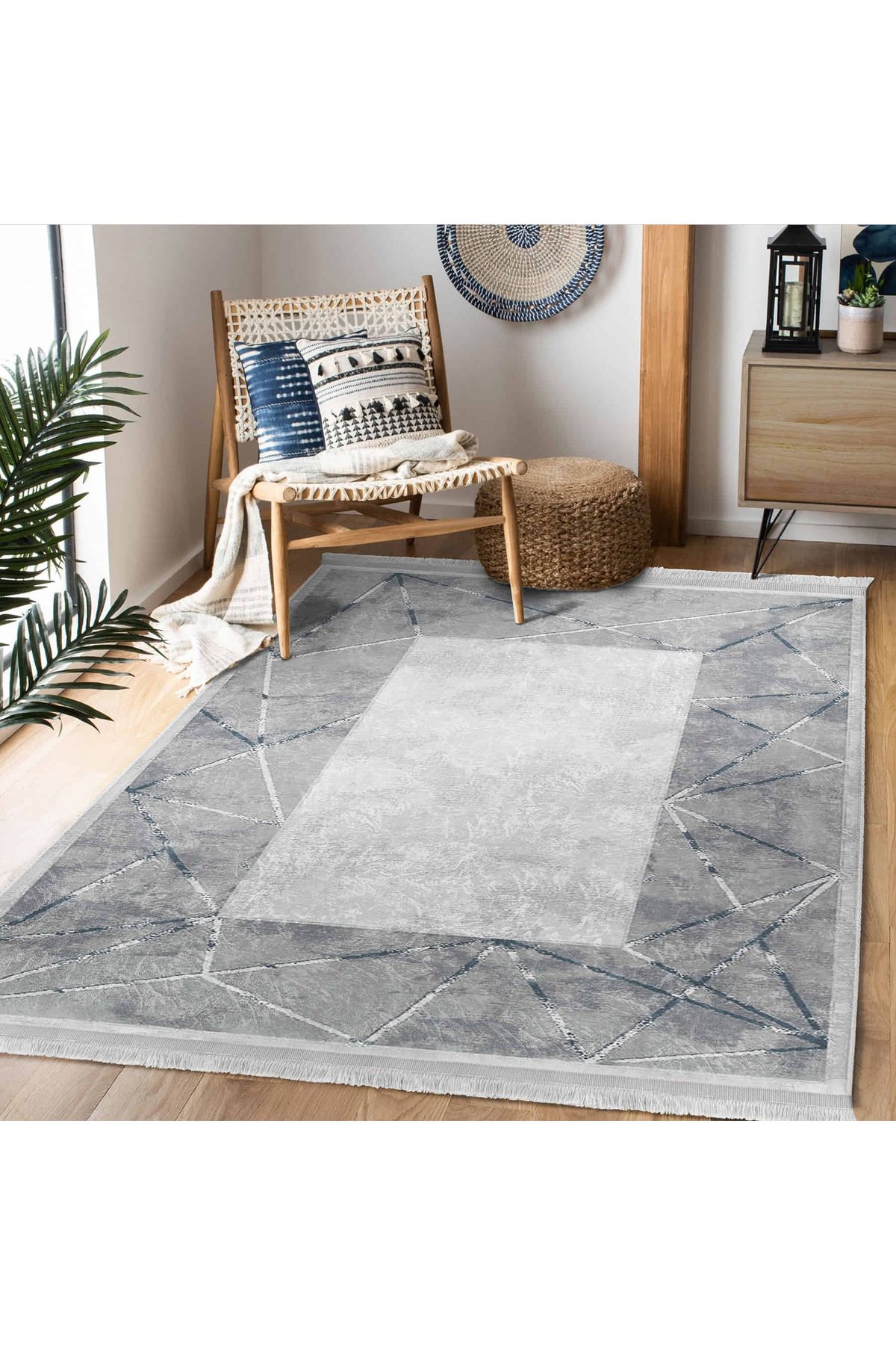 Realhomes Dijital Baskılı Modern Geometrik Motifli Yıkanabilir Kaymaz Taban Salon Halısı - Dikdörtgen