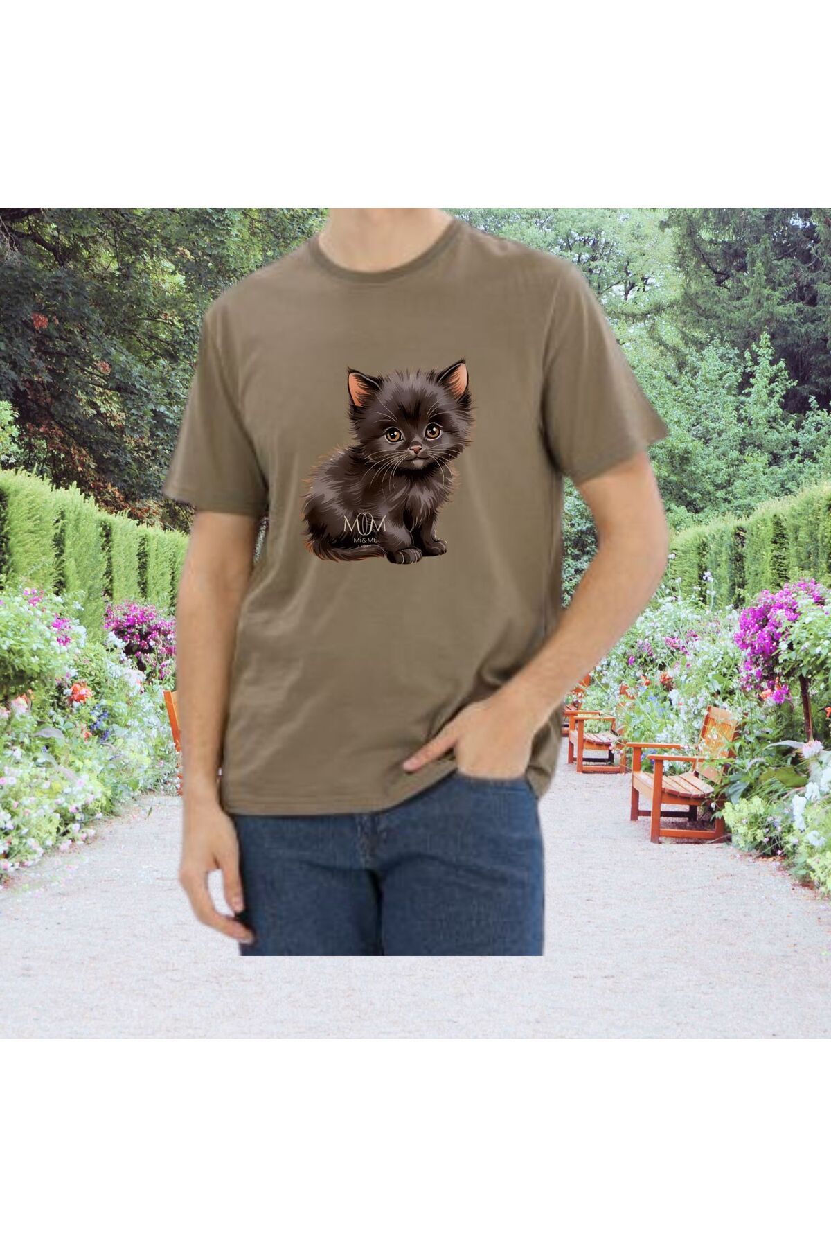 Mi&Mu Store Süprem Unisex T-Shirt Bisiklet Yaka Kara Kedicik Baskılı Regular Pamuk Basic T-Shirt