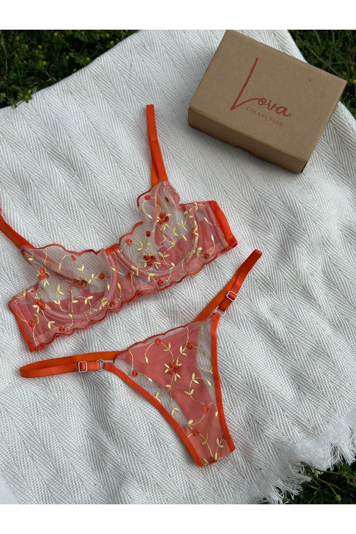 Lova Collection Claire Turuncu Çiçekli Dantel Bralet Takım