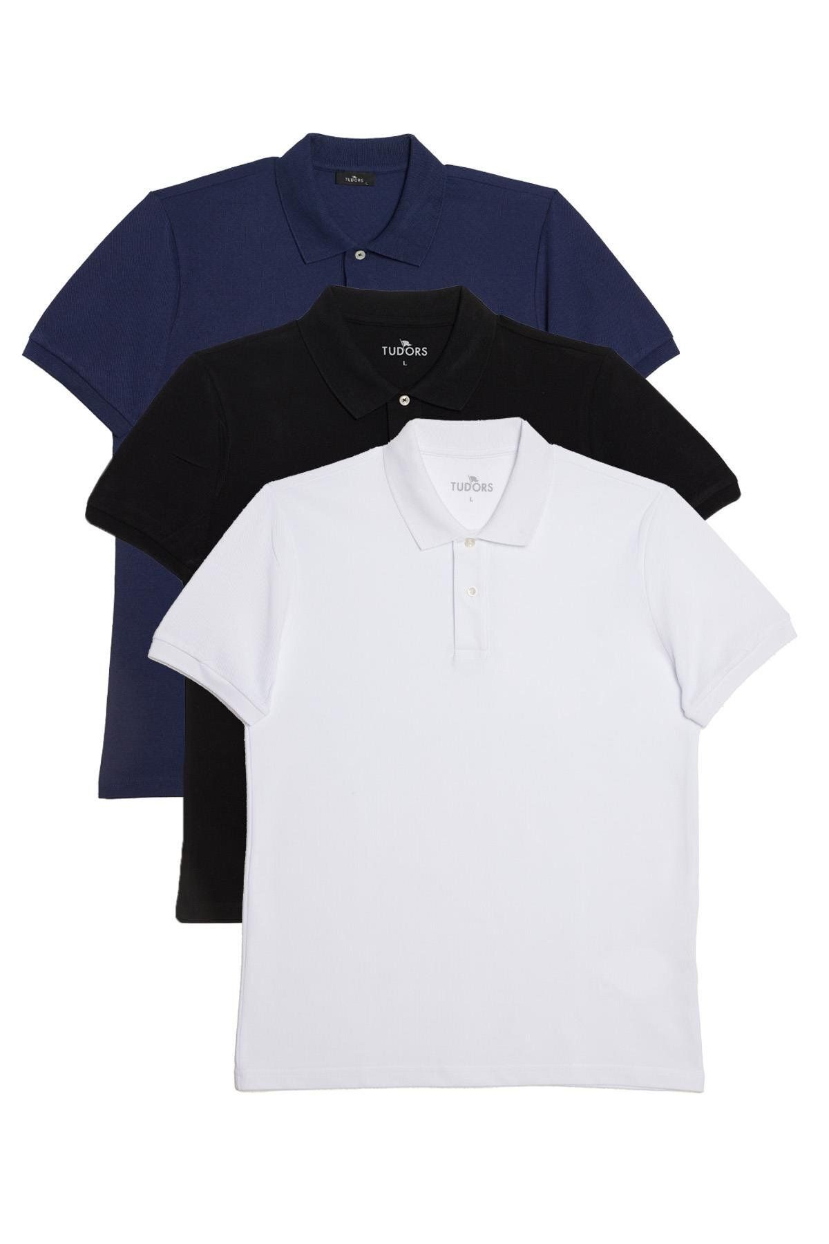 Tudors Erkek 3'lü Paket Siyah-Beyaz-Lacivert Slim Fit %100 Pamuk Düz Pike Polo Yaka Tişört