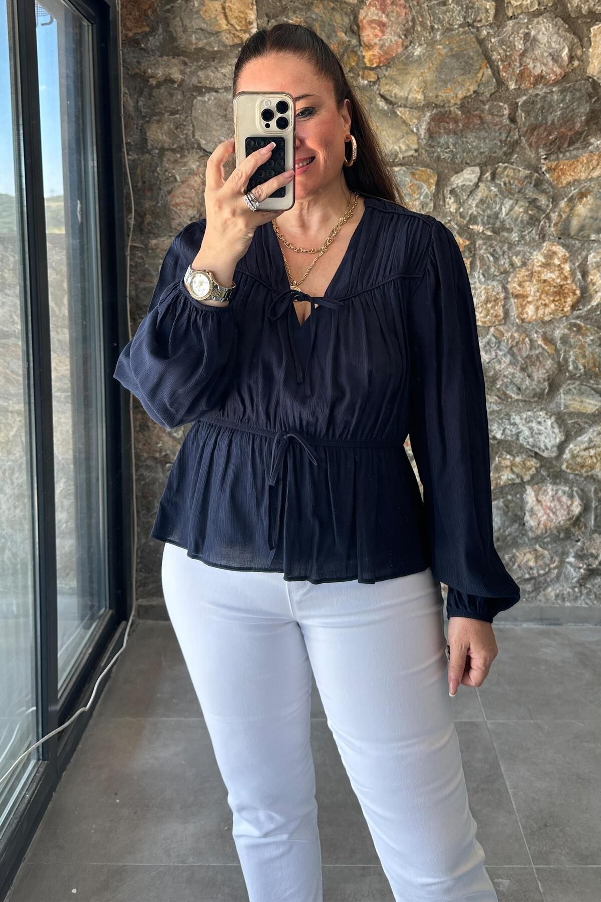 Mine Sabuncuoğlu Aurora Lacivert Uzun Kollu Bluz
