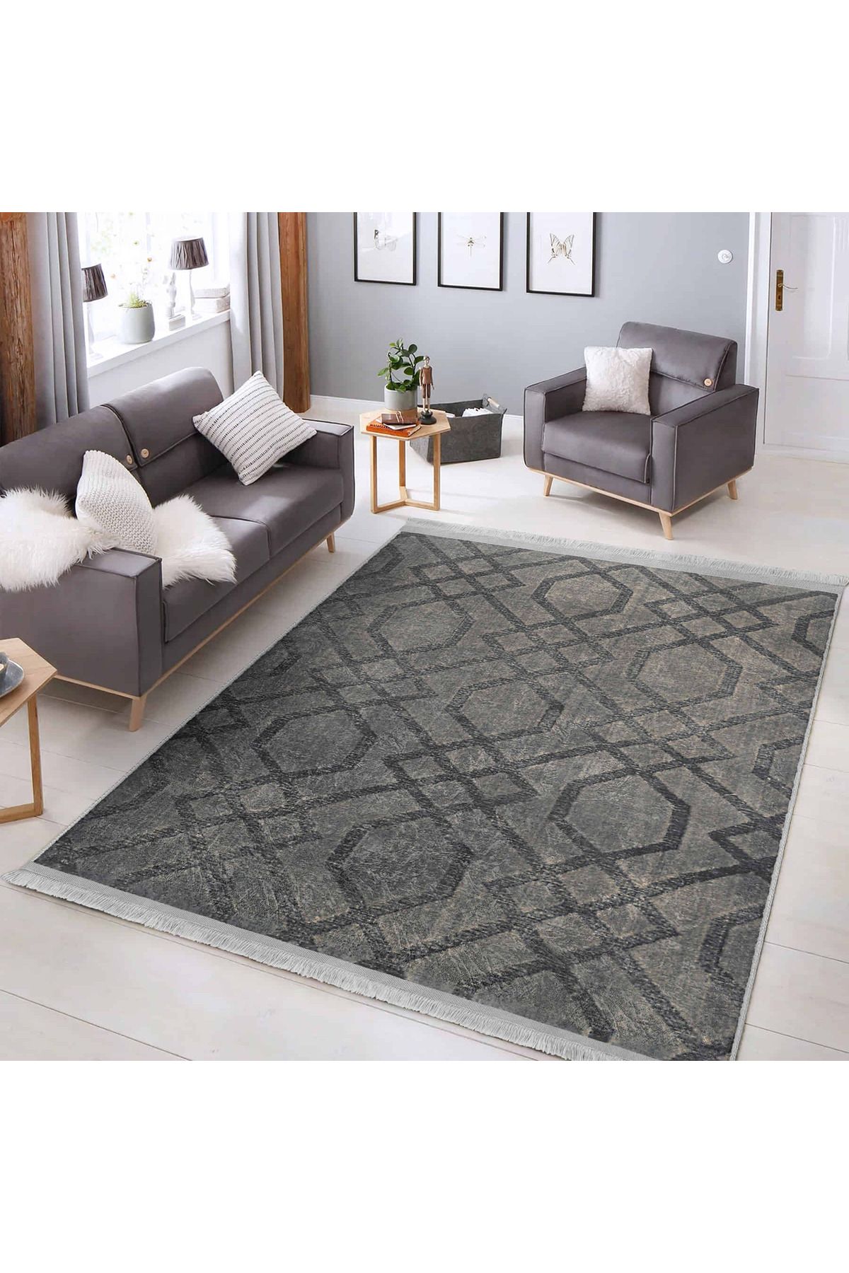 Realhomes Mavi – Grinin İnce Tonlarında Şık Geometrik Desenli Salon Halısı – Makinede Yıkanabilir Kaymaz taban