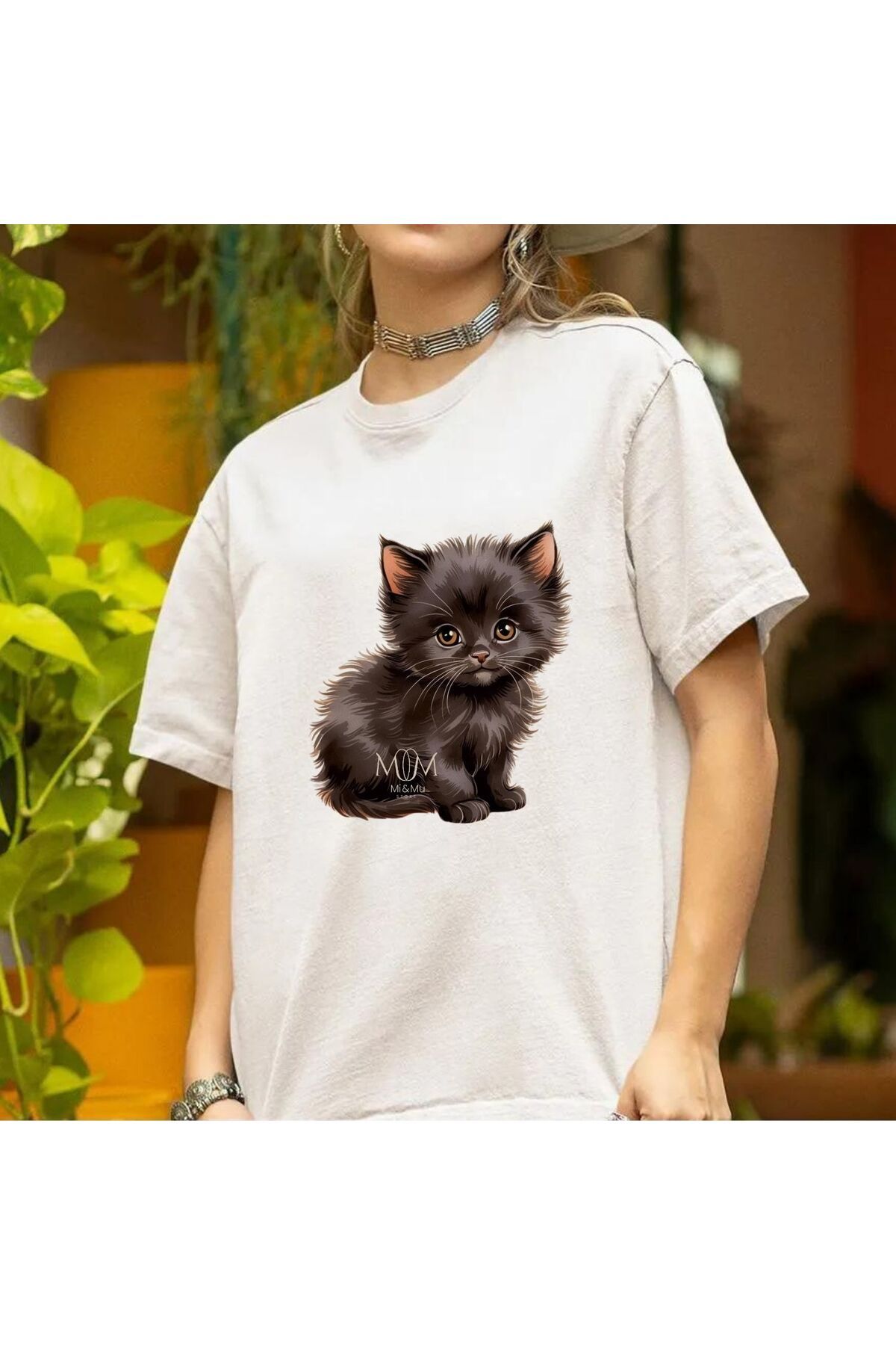 Mi&Mu Store Süprem Unisex T-Shirt Bisiklet Yaka Kara Kedicik Baskılı Regular Pamuk Basic T-Shirt