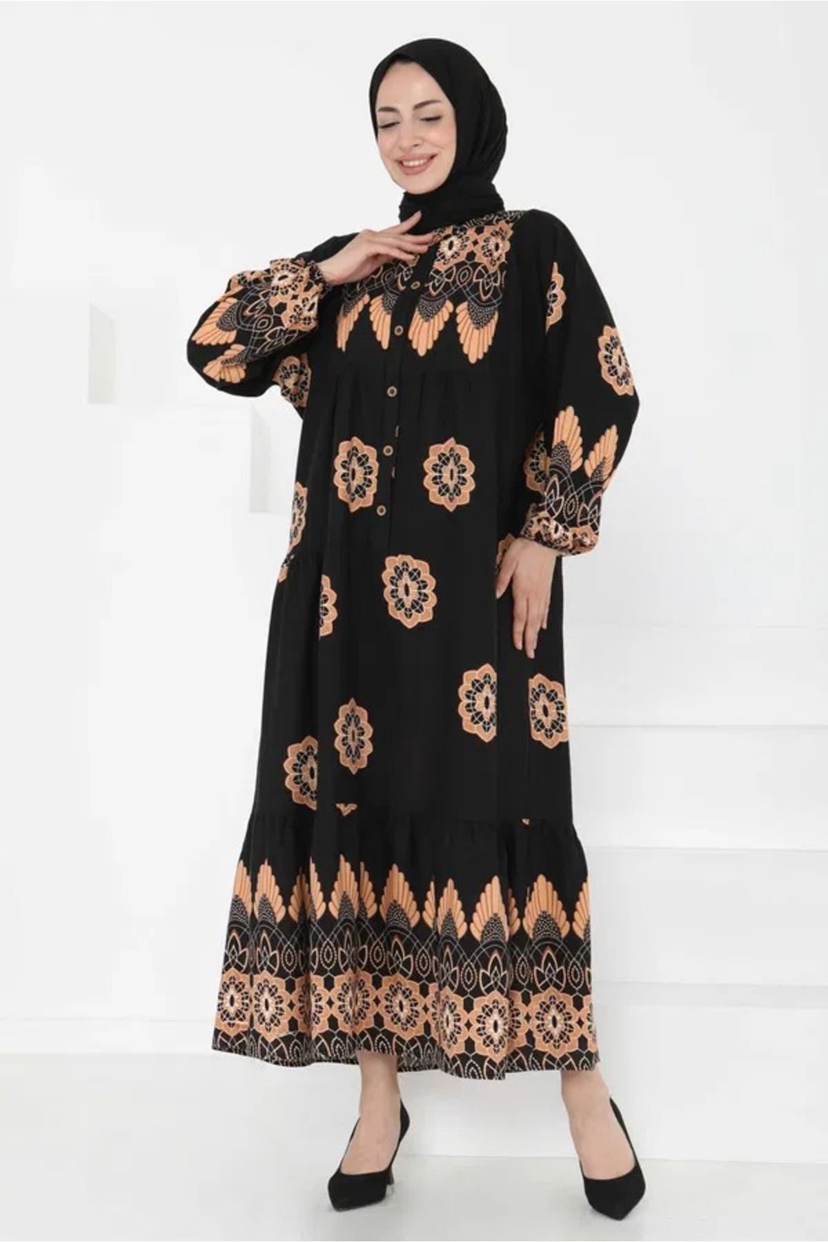 Aşkın fashion viskon desenli uzun elbise