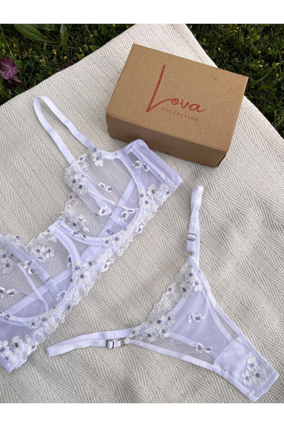 Lova Collection Adel Beyaz Dantelli Çiçekli Transparan Bralet Takımı