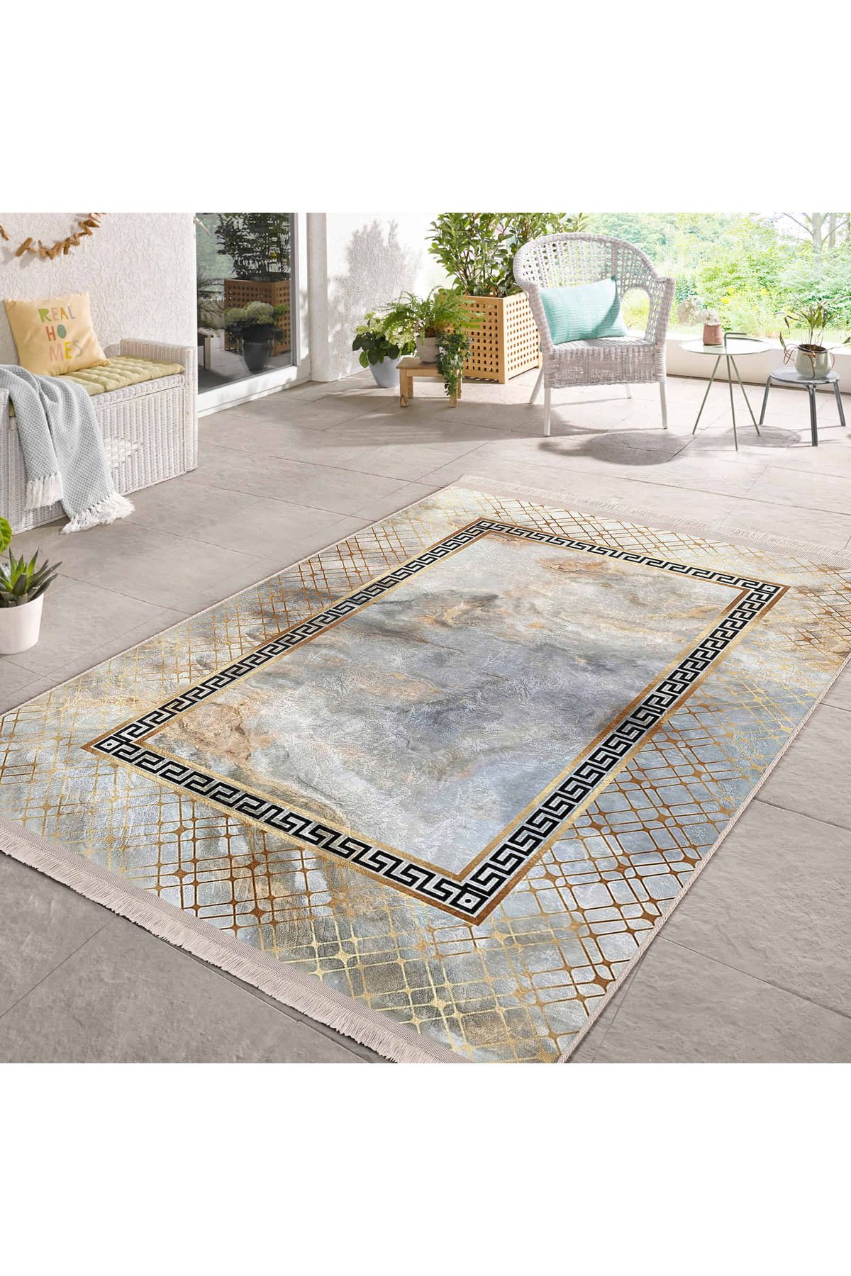 Realhomes Şık Altın Renkli Geometrik Desenli Salon için Yıkanabilir Kaymaz Taban Halı - Dijital Baskı