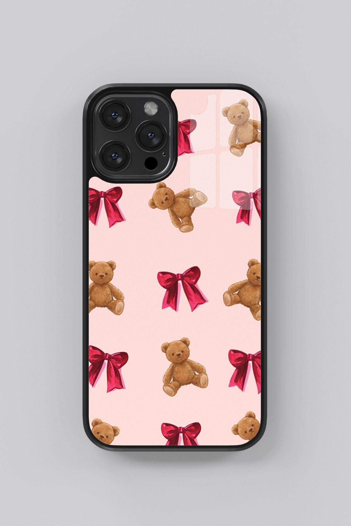 GoldenCase Iphone 16 Pro Max Kırmızı Kurdele-Ayıcık Flexible Cam Kılıf GlassCase