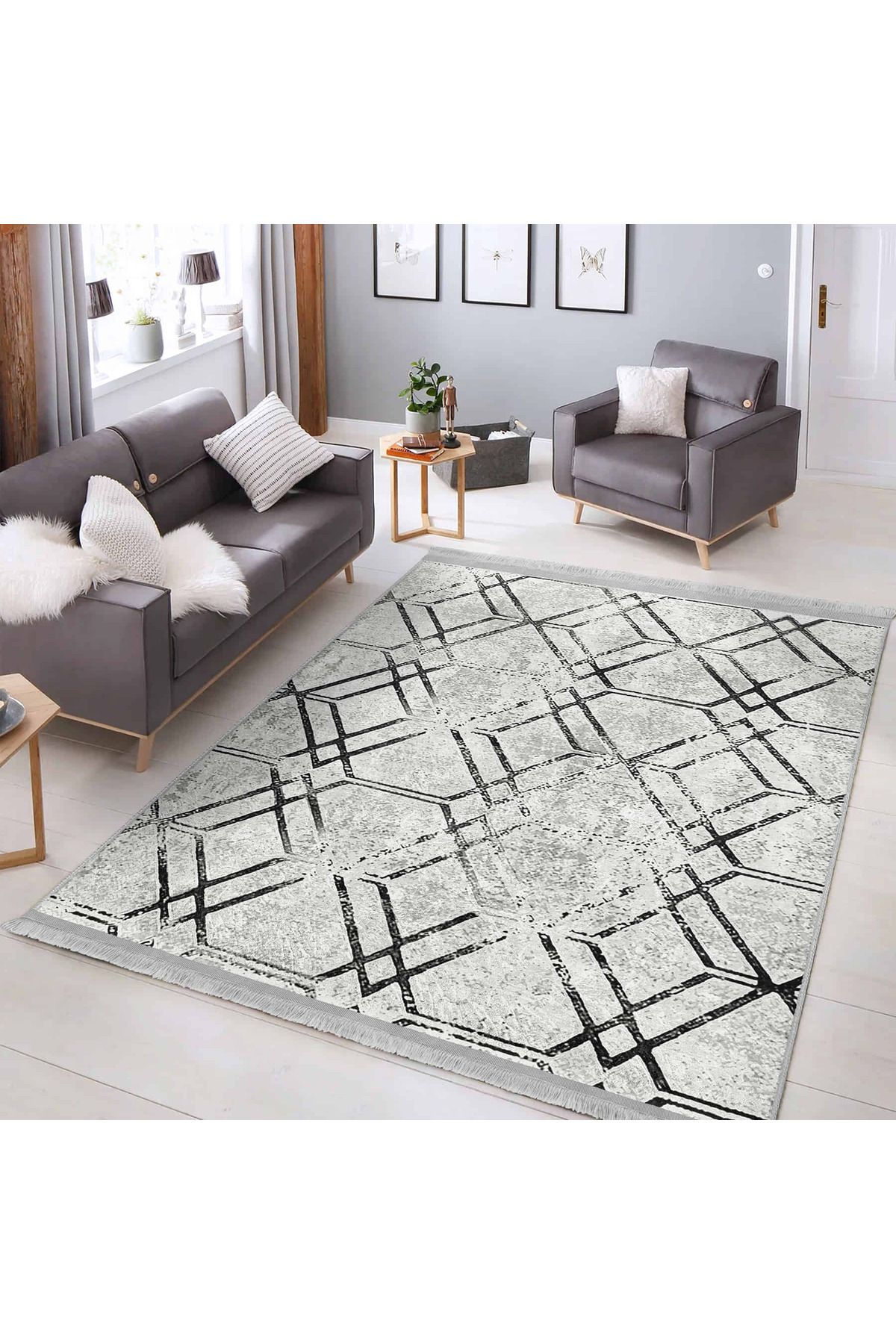 Realhomes Siyah – Beyaz Geometrik Desenli Modern Salon Halısı | Yıkanabilir Kaymaz Tabanlı Halı