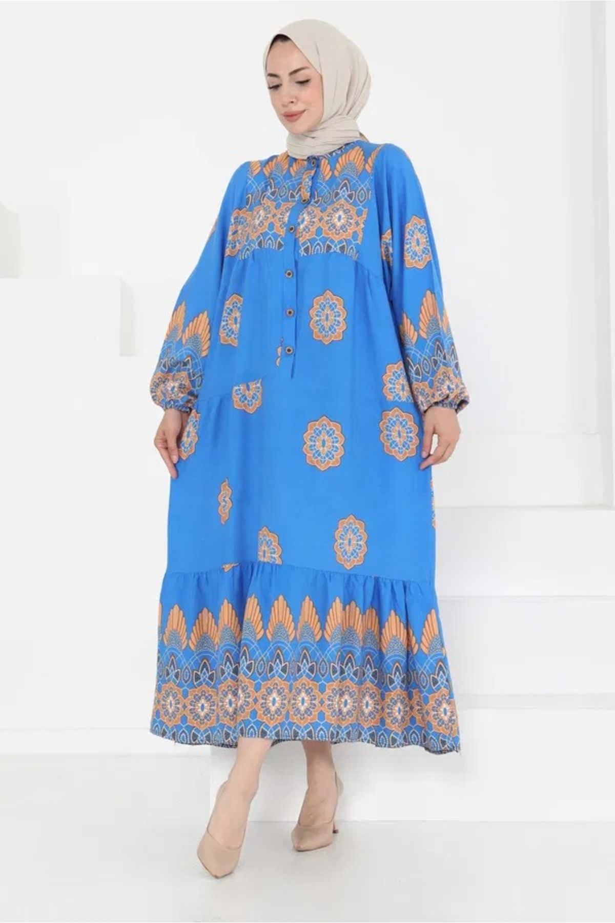 Aşkın fashion viskon desenli uzun elbise