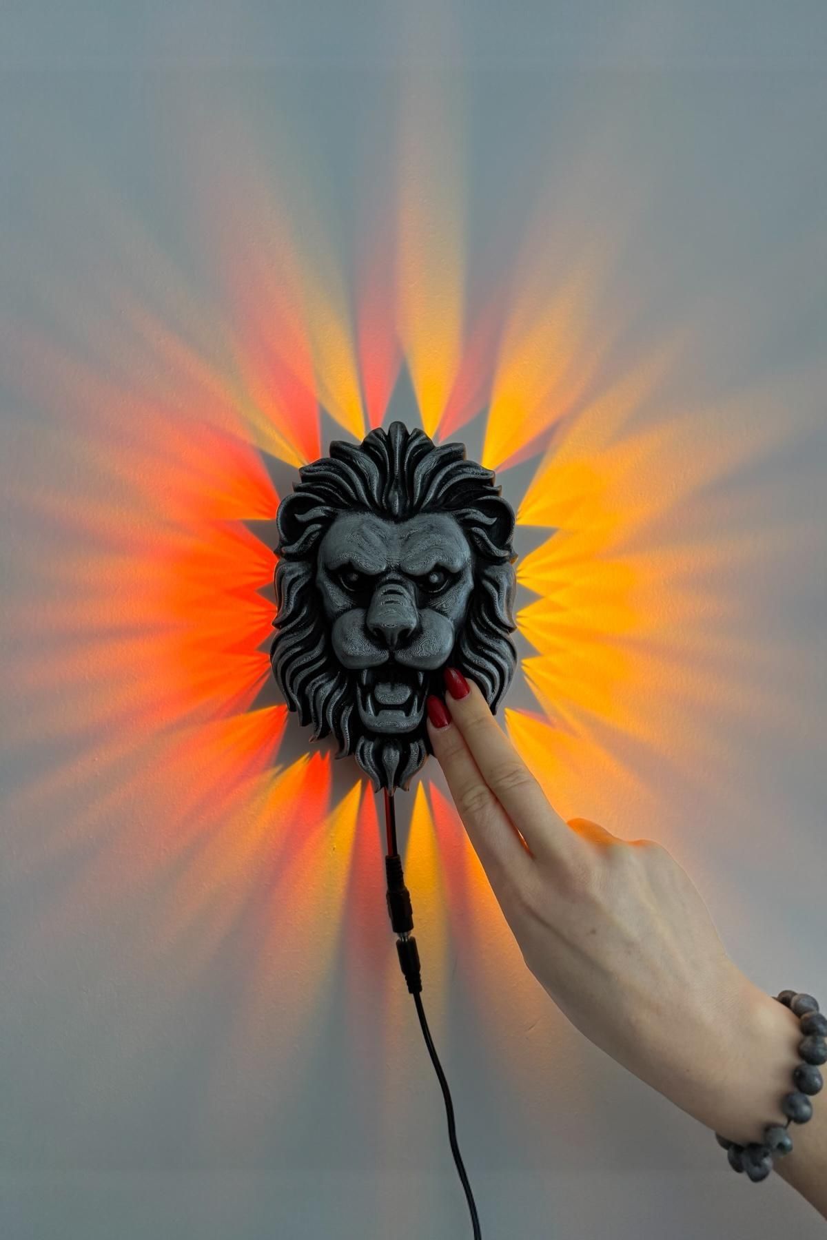 VER SİPARİŞİ SEVİLİYORSUN Realistik Aslan Figürlü Duvar Aplik LED Gece Lambası (Adaptörlü, Çift Renk)