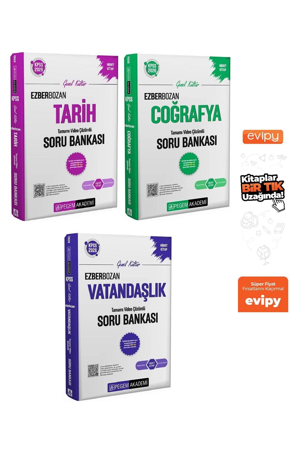 Pegem Akademi Yayıncılık 2026 KPSS Tarih + Coğrafya + Vatandaşlık Ezberbozan Soru Bankası 3 Kitap Ayraç Hediyeli
