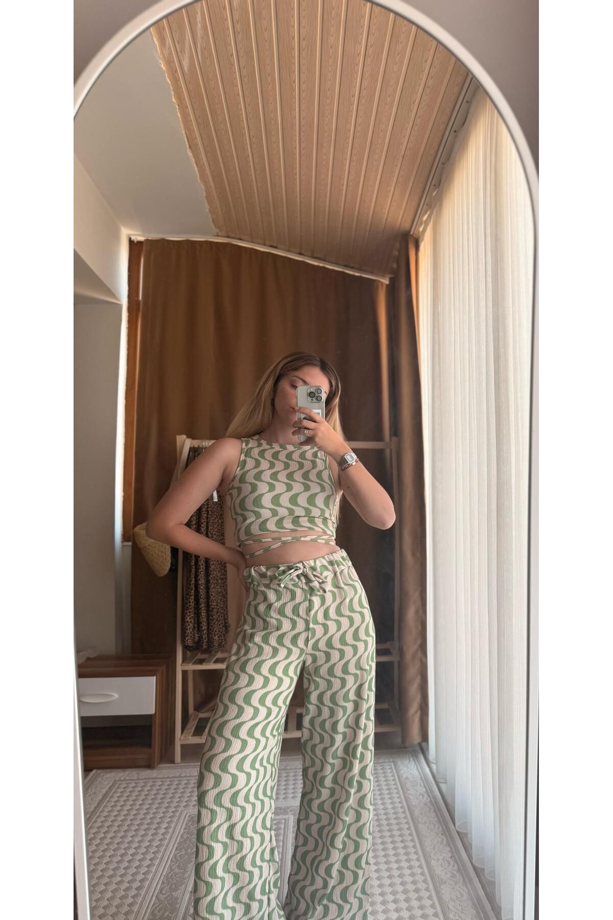 Şimal Tekstil Moda yeşil desenli alt üst takım
