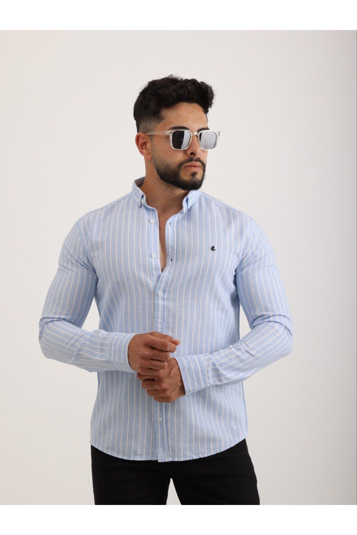 cliento Erkek Slim Fit Mavi Çizgili Keten Gömlek