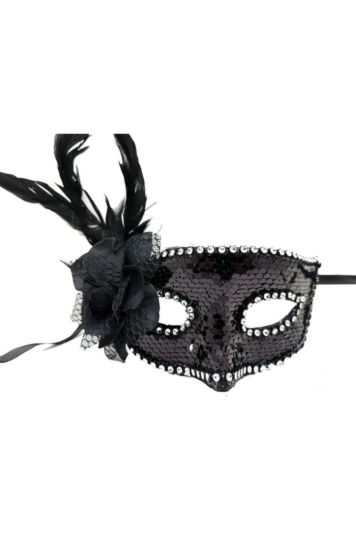 Yuba Avm Nessiworld Siyah Renk Yandan Tüylü Güllü Gümüş Taşlı Pullu Maske 20x22 cm