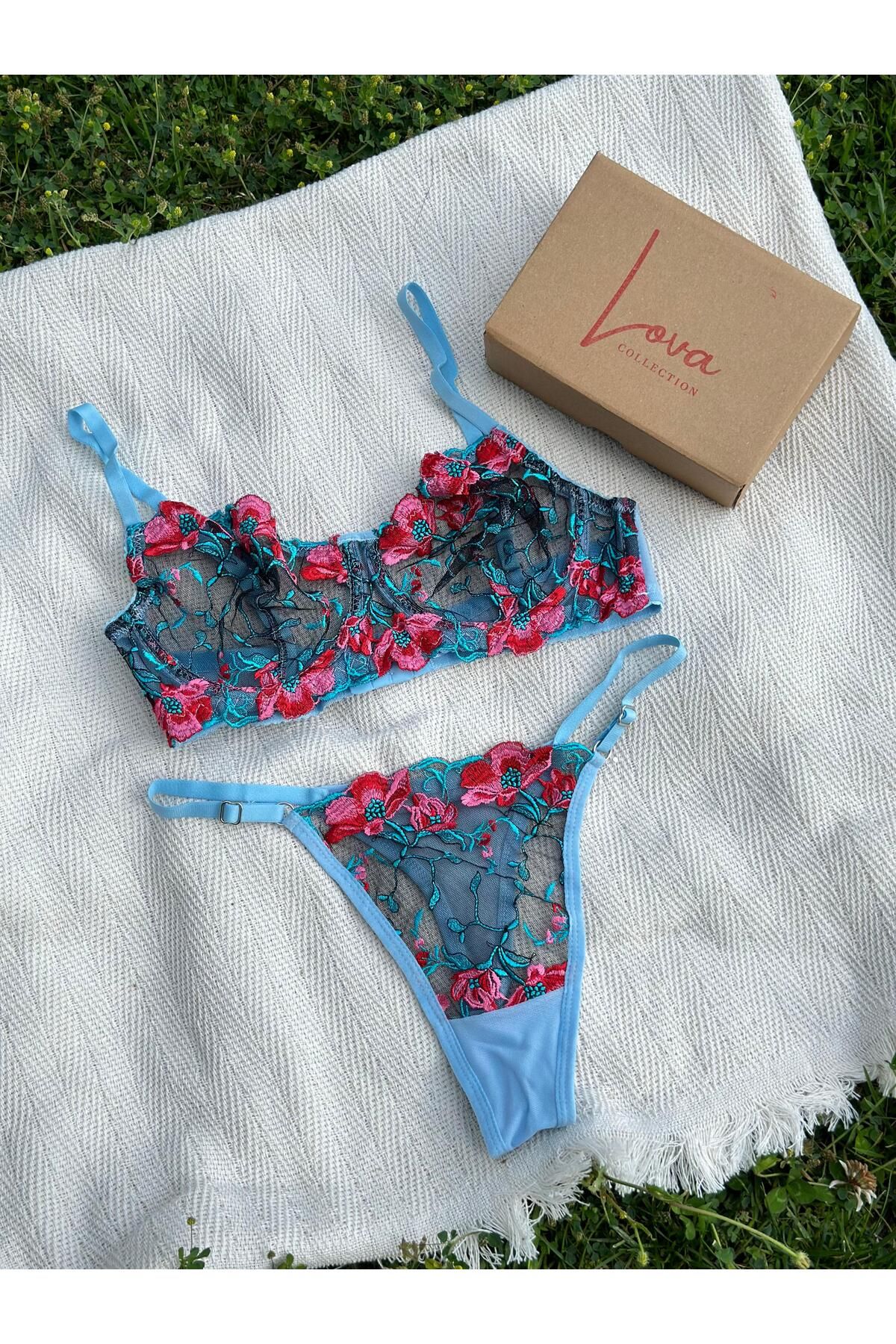 Lova Collection Nora Kırmızı Çiçekli Mavi Tül Bralet Takım