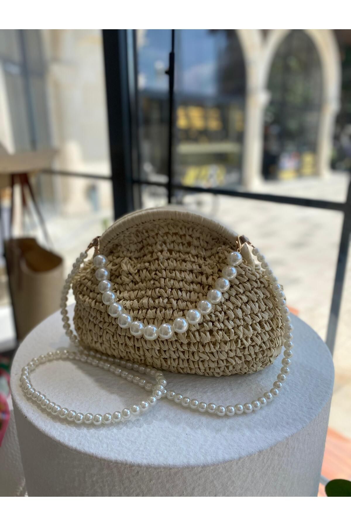 ZeynepKeskinDesign İnci Detaylı Kadın Hasır El ve Omuz Çantası, incili Örgü çanta, Portföy clutch çanta, astarlı