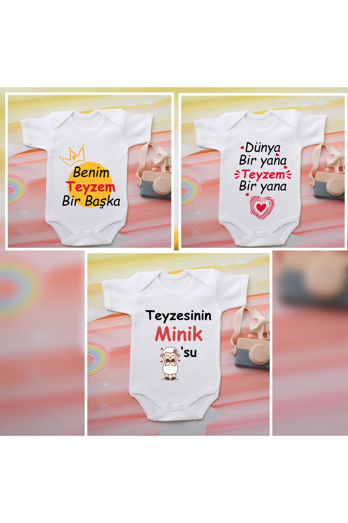 soft wing 3’lü “Teyzem” Yazılı Bebek Zıbın Seti – %100 Pamuk, Organik Baskı