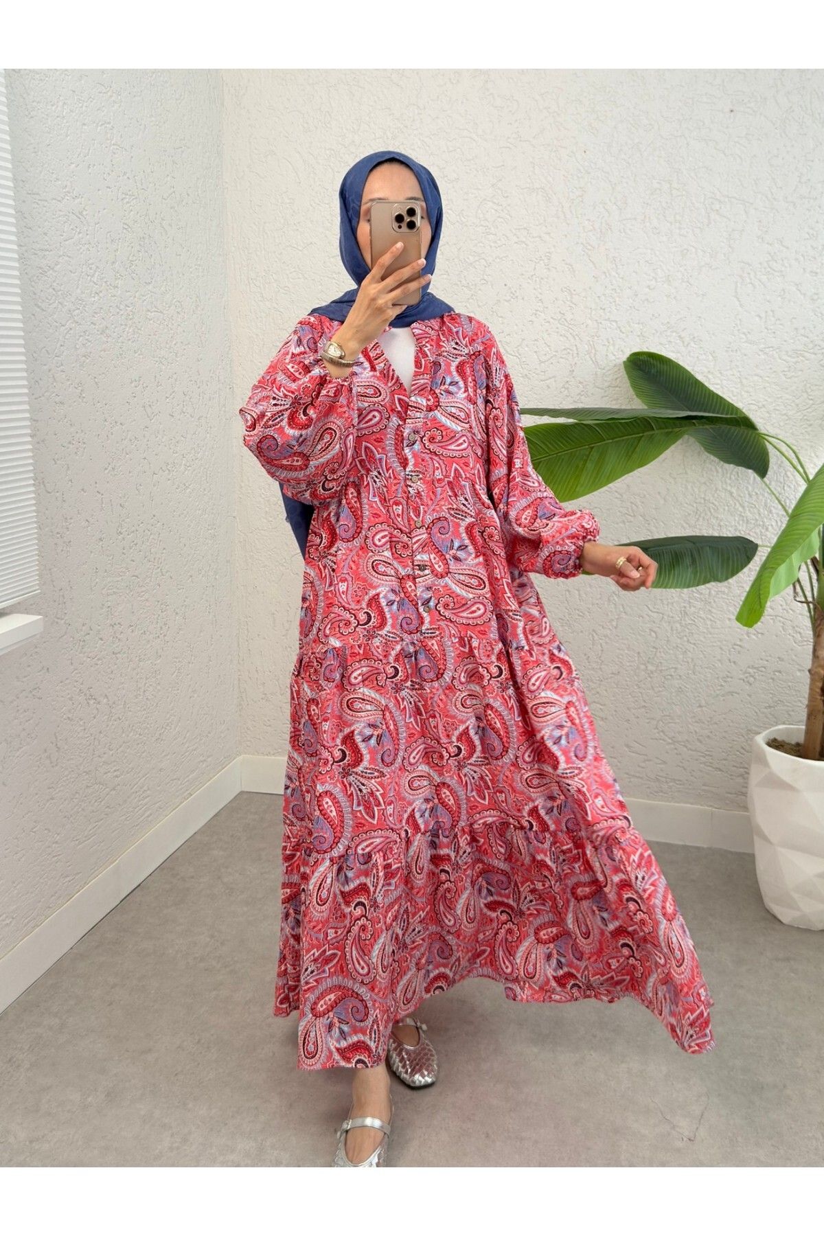Modamorfo-Half Button Mixed Pattern Sleeve Elastic Dress -Pomegranate Flower 3