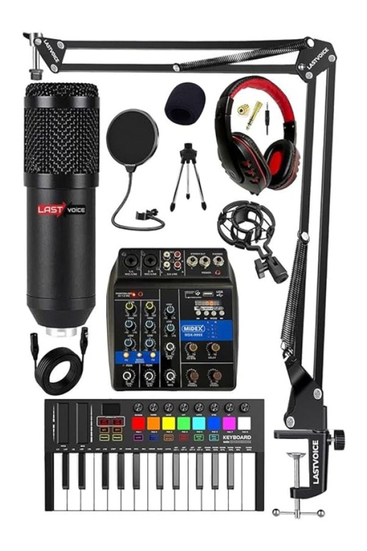 ShopZum Lastvoice Stüdyo Ekipmanları Midi Live Paket-1 Ses Kartlı Mikser Midi Klavye Bm800 Mikrofon Kulakl