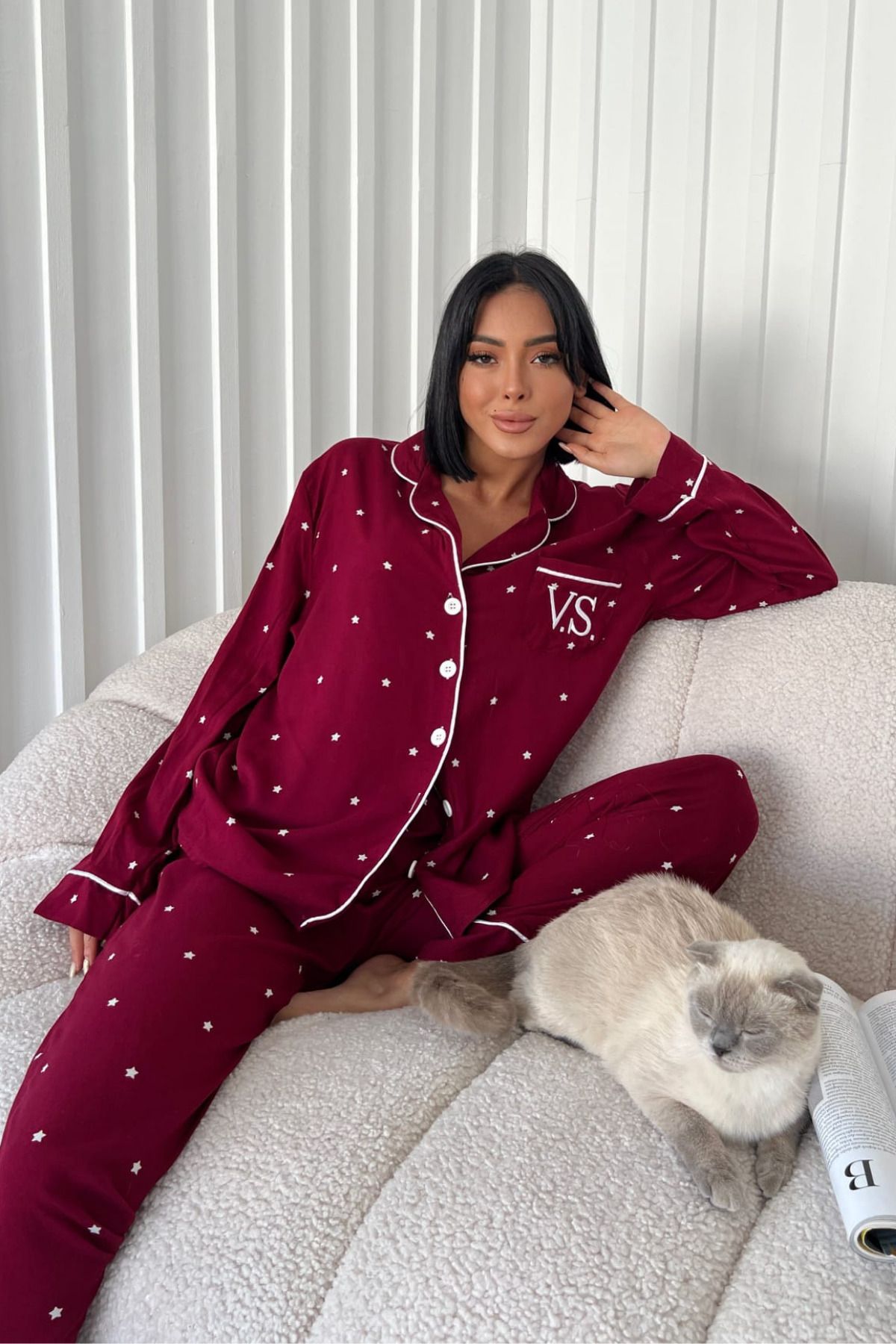 FENZO Premium Kumaş Pamuklu Viskon Kadın Düğmeli Biye Detaylı Bordo Pijama Takımı