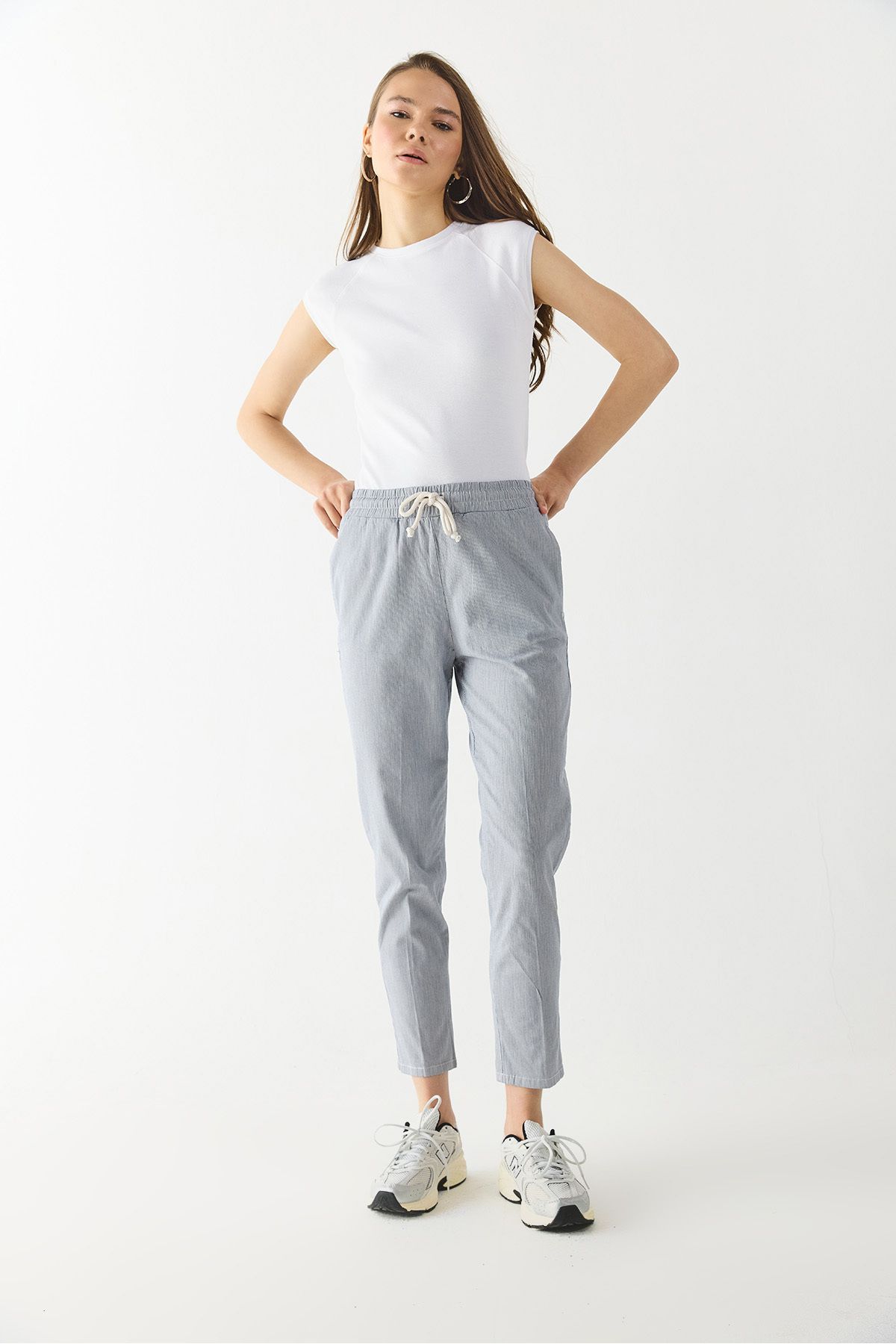 VENA Alian Beli Lastikli Çizgili Gabardin Pantolon - LACİVERT ÇİZGİLİ