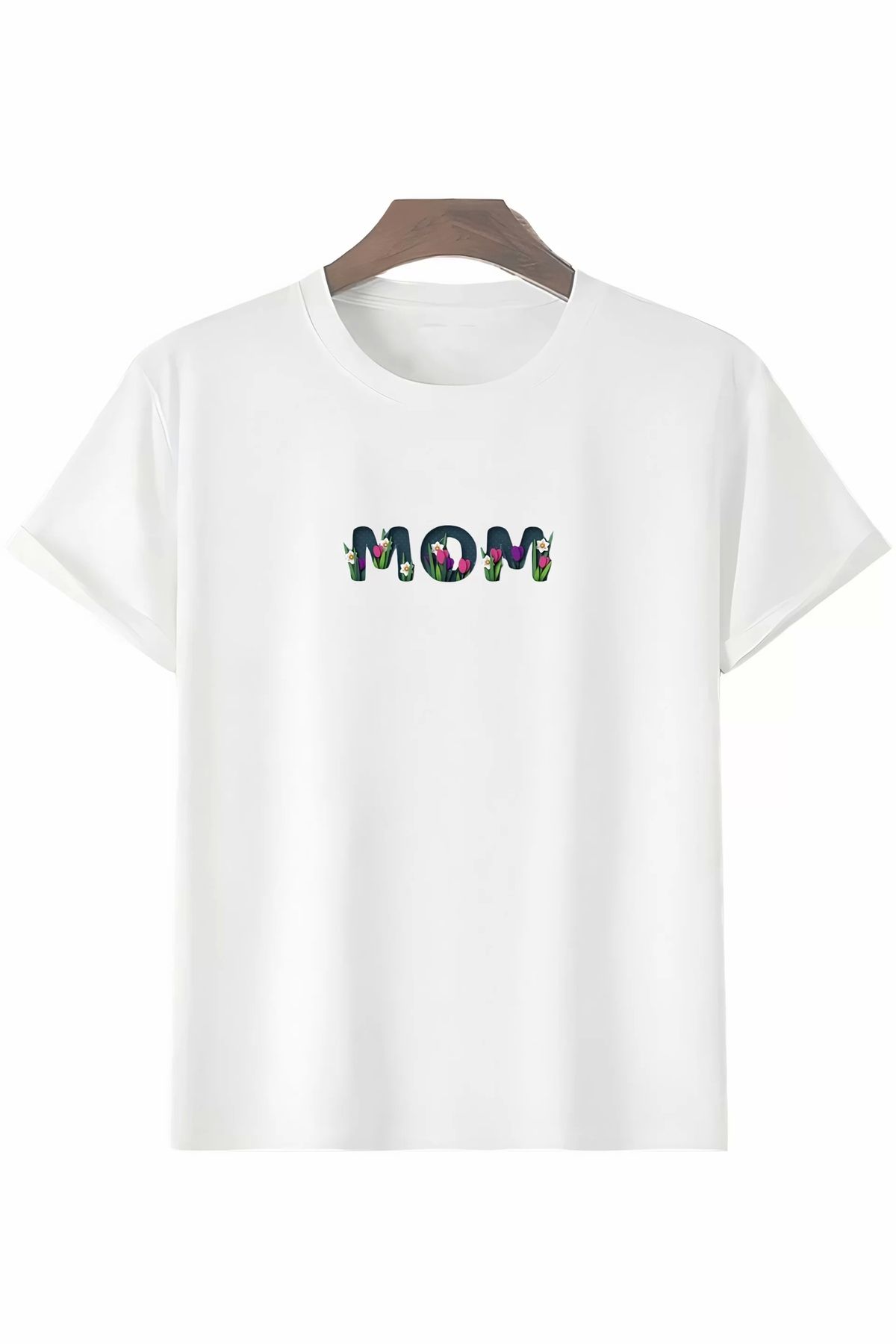 Robahood Anneler Gününe Özel Tasarım mom Çiçek Baskılı T-shirt - Beyaz