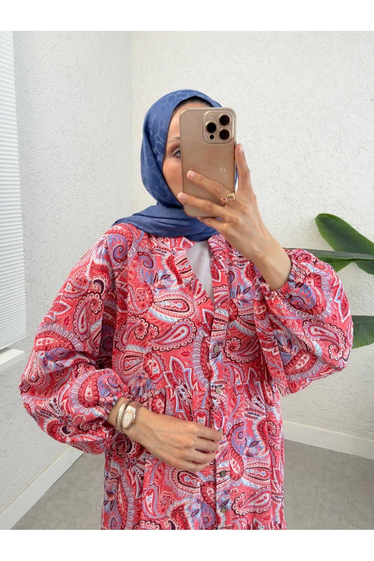 Modamorfo-Half Button Mixed Pattern Sleeve Elastic Dress -Pomegranate Flower 4
