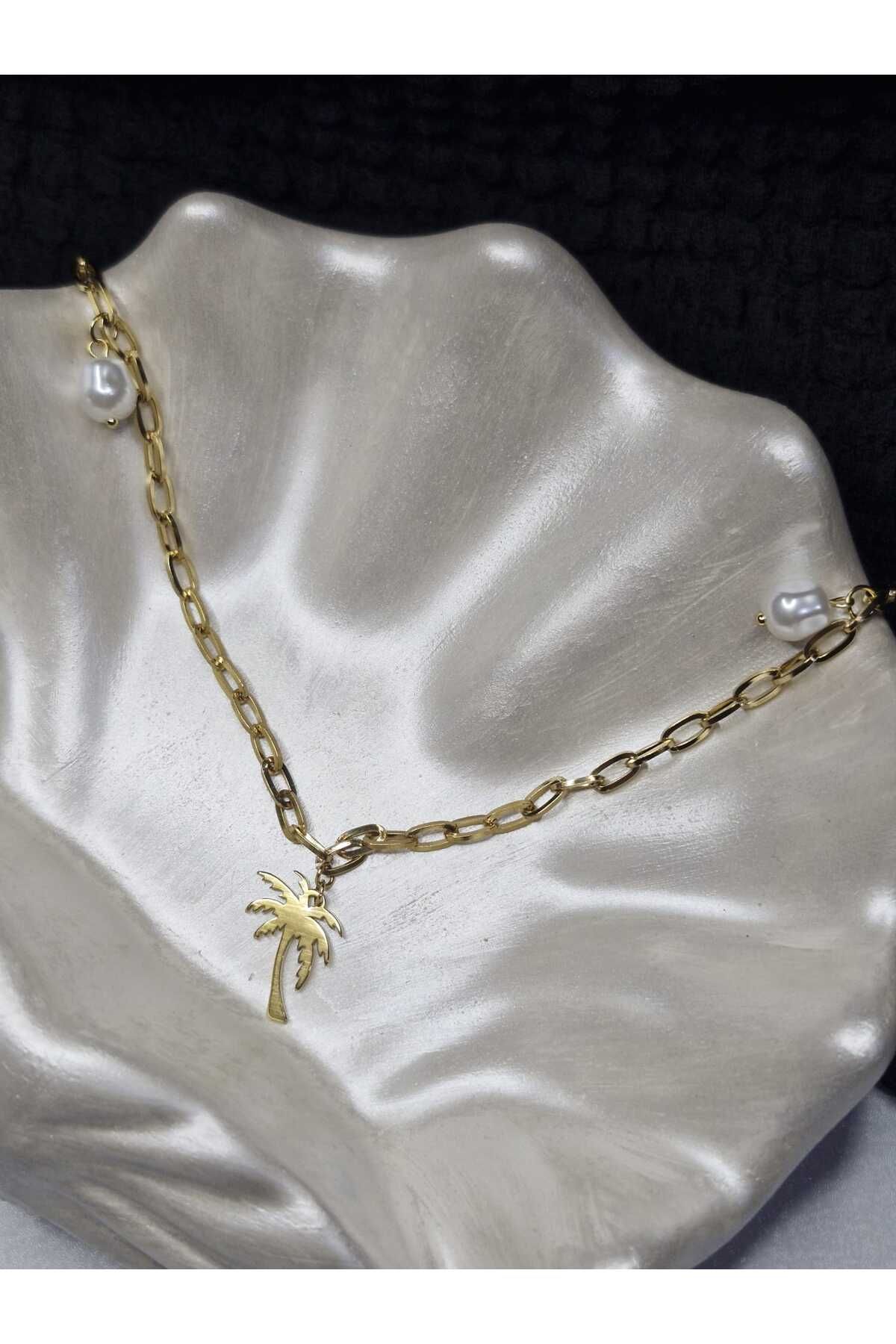 Palk Store Çelik İnci Detaylı Palmiye Zincir Kolye Gold