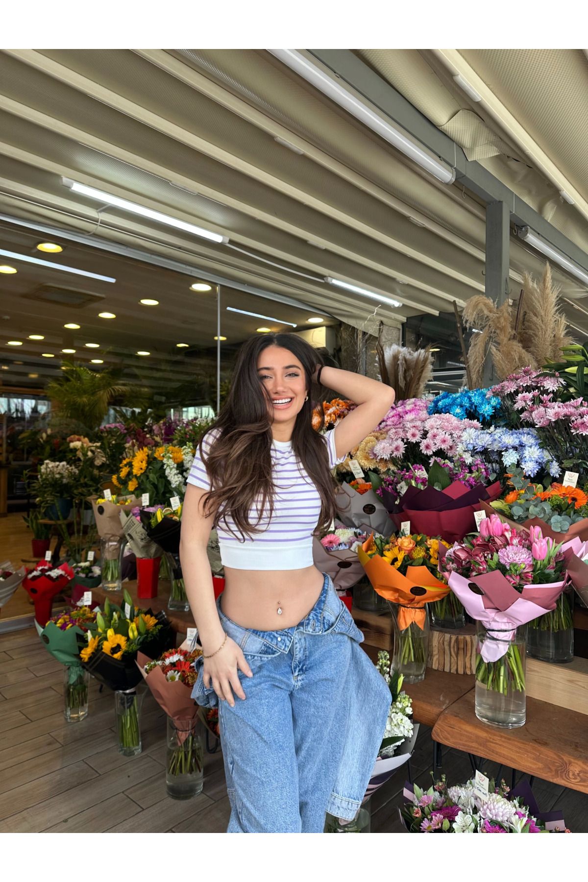OurStyles Mor Çizgili Manşet Detay T-Shirt