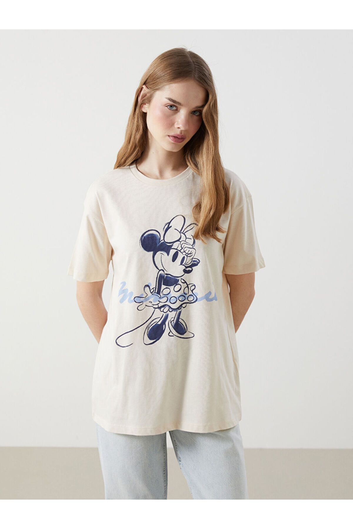 LC Waikiki XSIDE Bej Bisiklet Yaka Minnie Mouse Baskılı Kadın Tişört S5GV69Z8NVY25