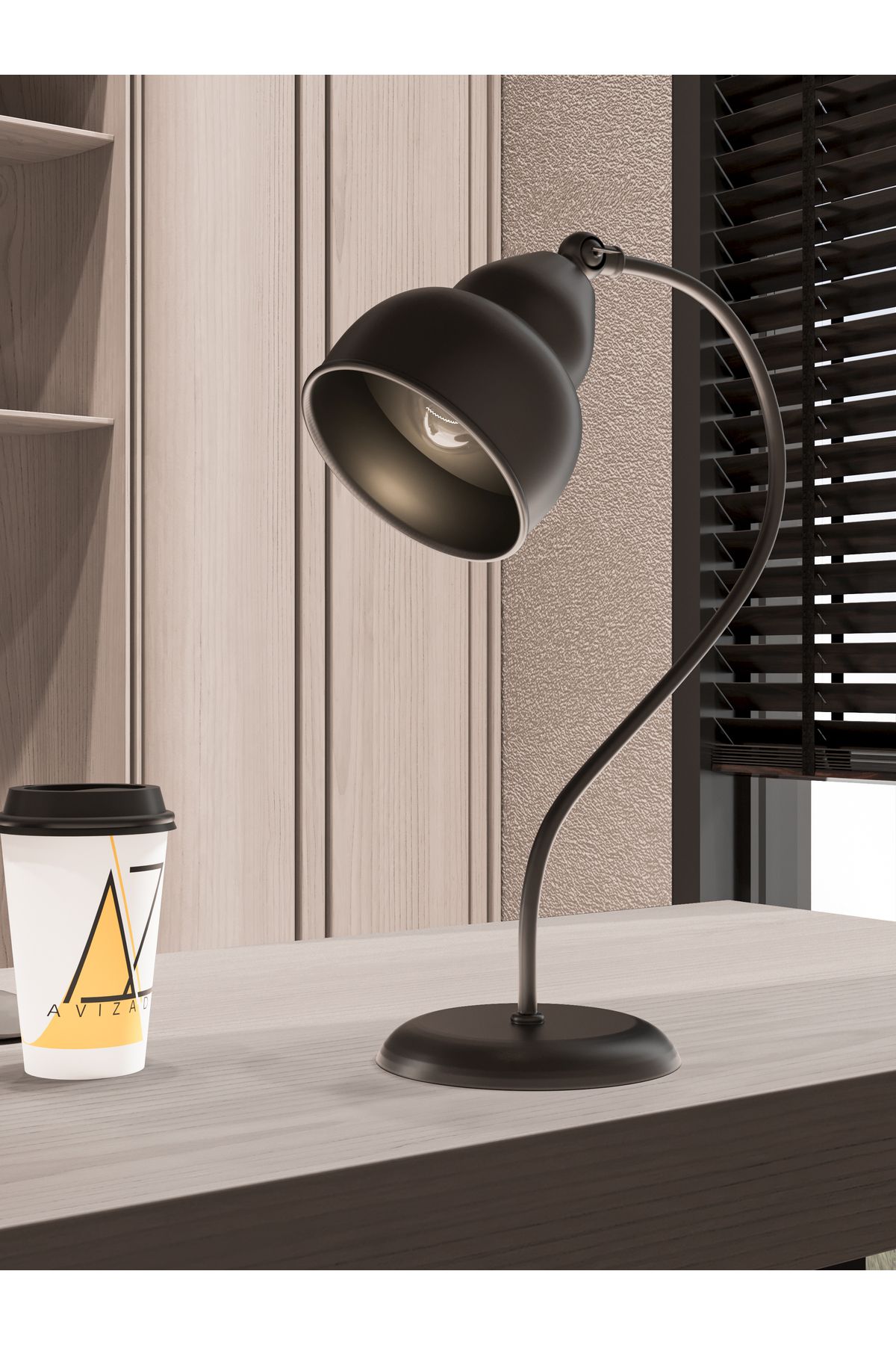 avizade LUNERA Noir Siyah Kıvrımlı Metal Masa Lambası | 90° Ayarlanabilir Başlık | E27 Duy