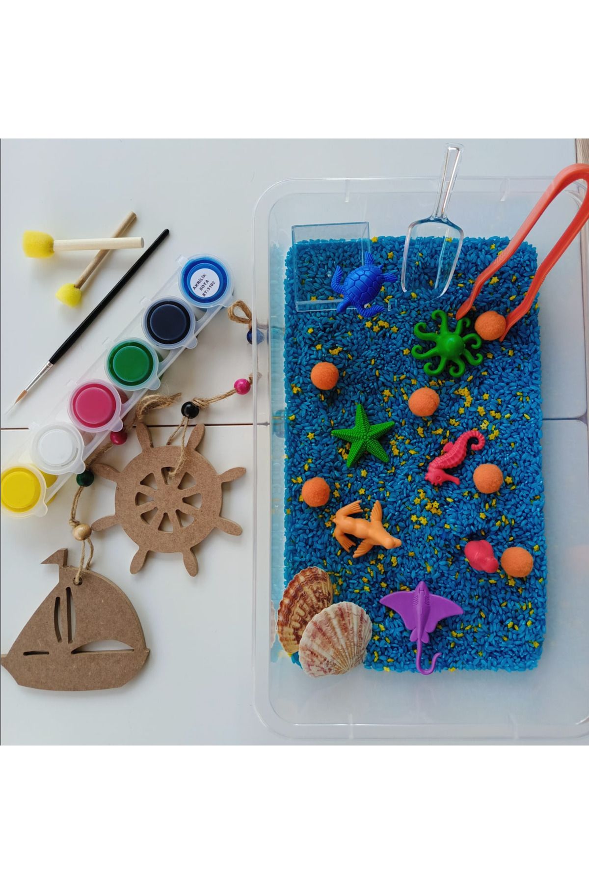 MUCİT KİDS Okyanus Hayvanları Temalı Duyusal Oyun Seti ve Ahşap Boyama Sanat Etkinliği - Montessori Oyuncak