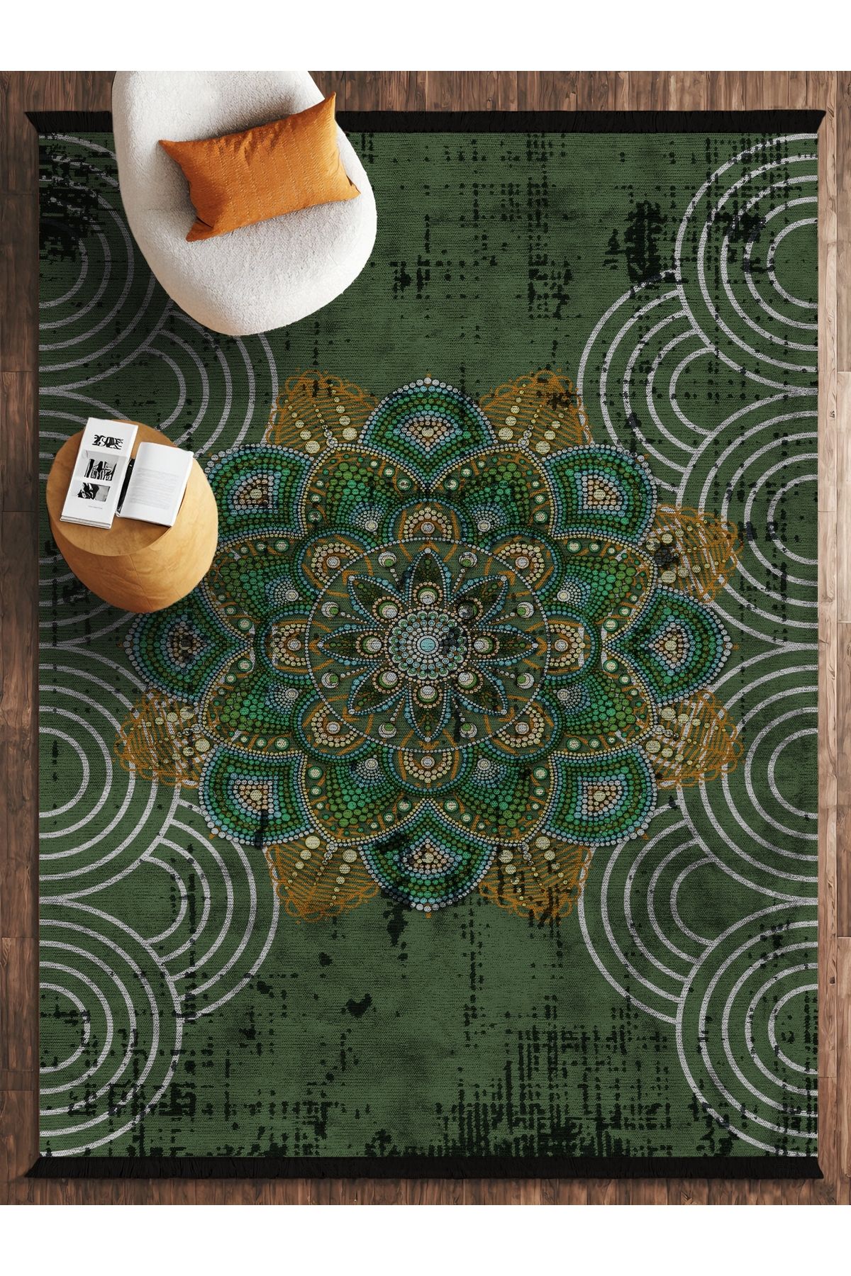 HALIZZON Yeşil Tonlarda Mandala Motifli Halı Dijital Baskılı Kaymaz Tabanlı Doğal Tarz Halı