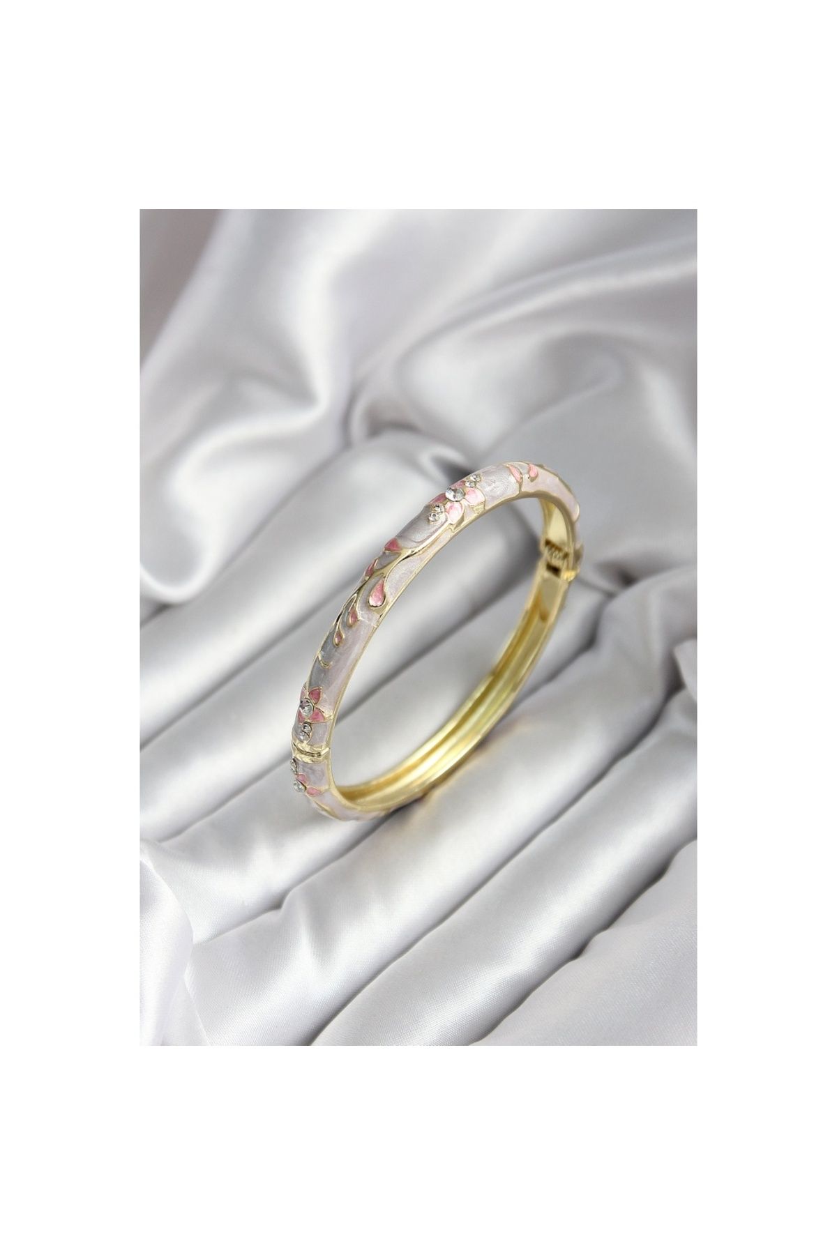 Findit Mineli Pirinç Çiçek Desenli Zirkon Taşlı Gold Renk Kadın Kelepçe (çap 60 mm)