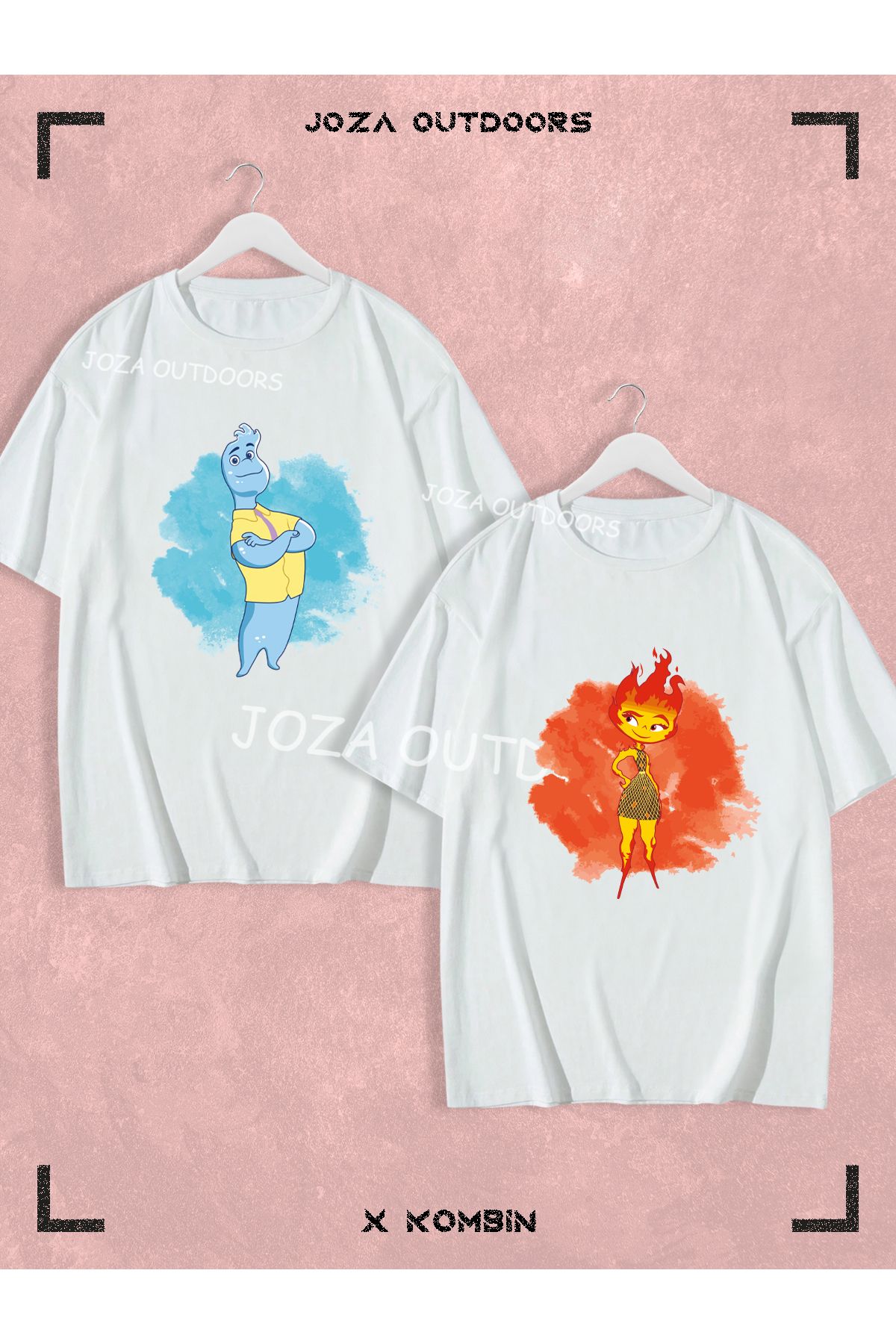 Joza Outdoors Kadın Erkek Unisex Yeni Ateş ve Su Ön Baskılı Sevgili Çift Kombini Oversize Renkli Tshirt 2'li Takım