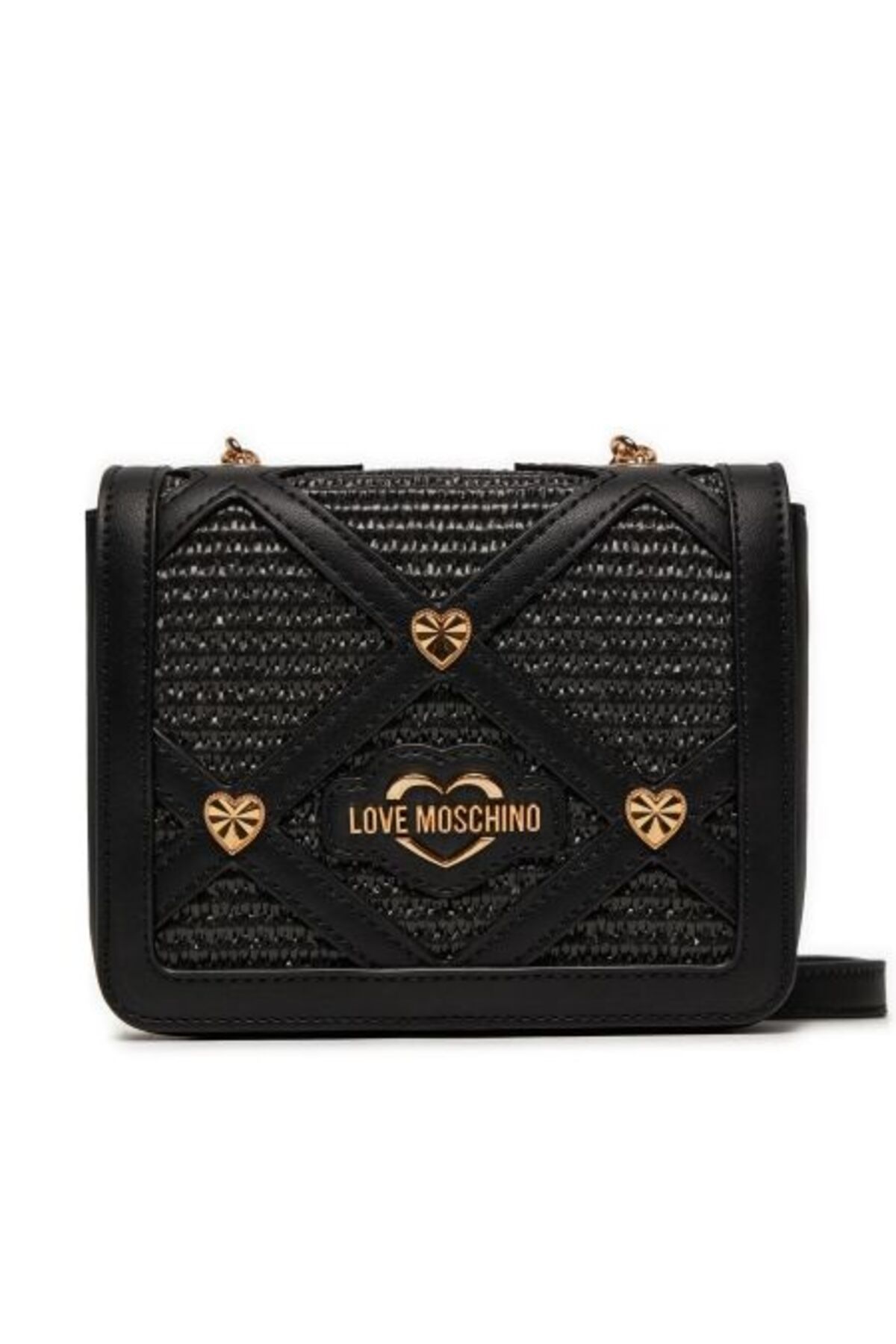Love Moschino BORSA RAFFIA+PU NERO+STUDS ORO