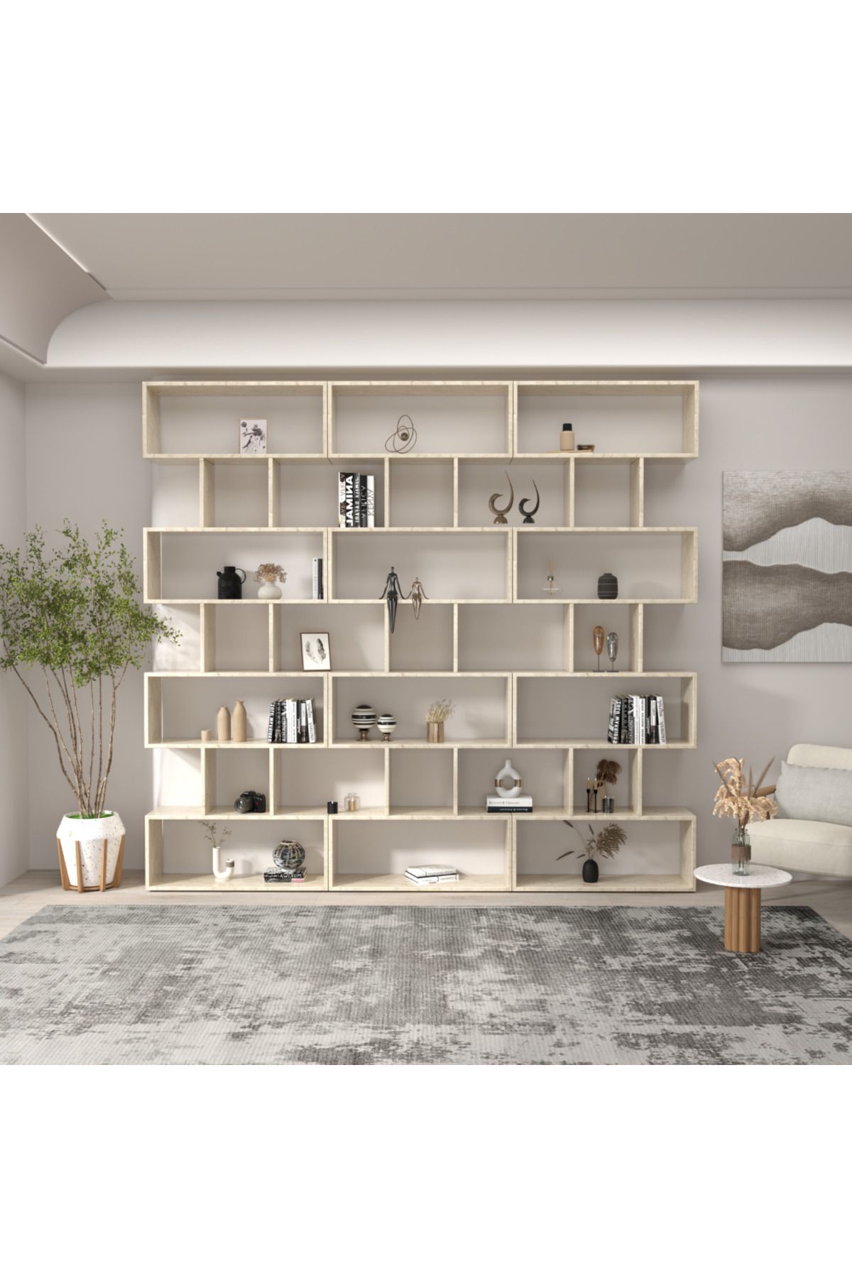 klubeconcept Yerden Tavana Traverten Desenli Kitaplık Dekoratif Büyük Boy Raf Ünitesi