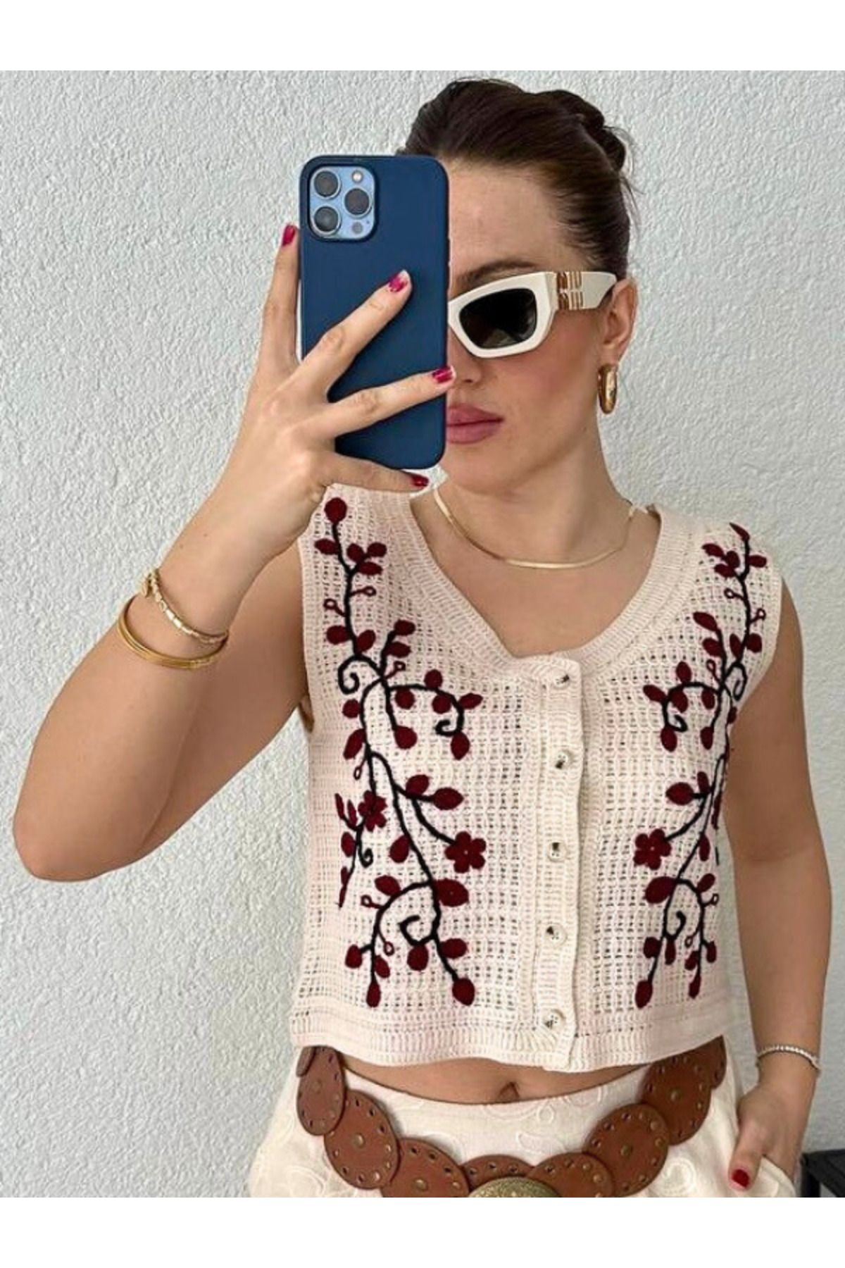 Modriq Kadın Yelek Örgü Crop Düğmeli Yazlık Salaş