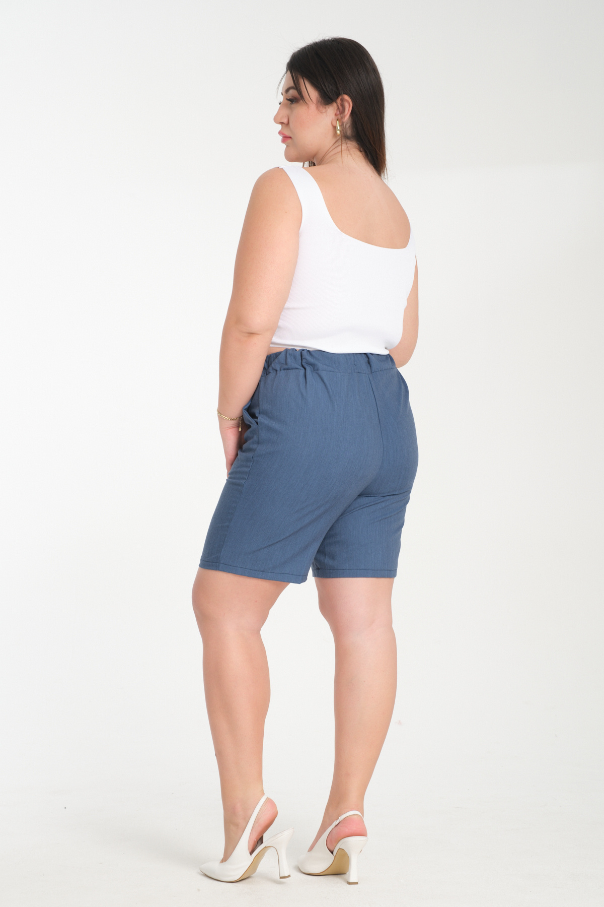 Gül Moda-Silk Denim Shorts Plus Size Elastic Waist Light Blue G118-2 3