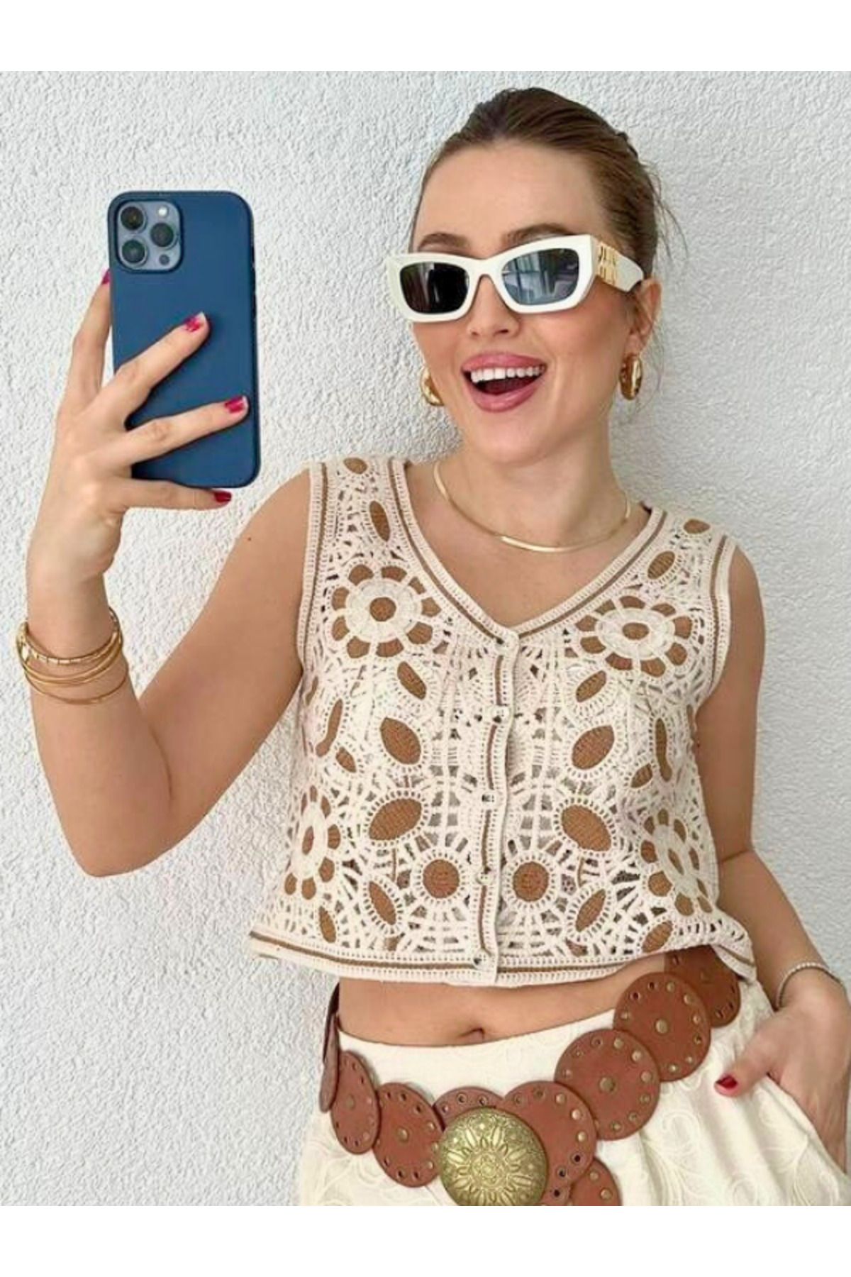 Modriq Kadın Yelek Örgü Crop Düğmeli Yazlık Salaş