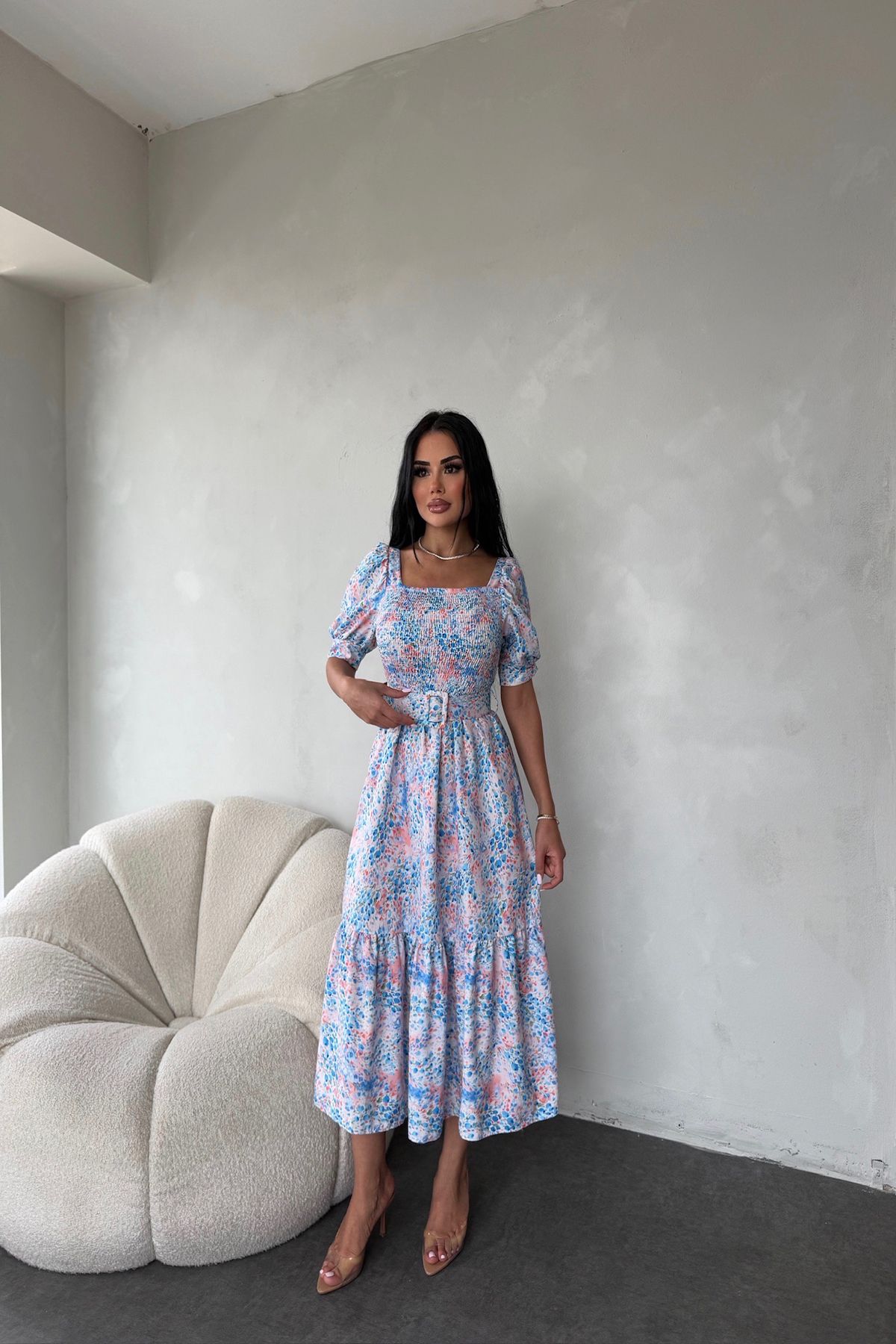 kamacibutik Kare Yaka Kemerli Çiçek Desenli Elbise