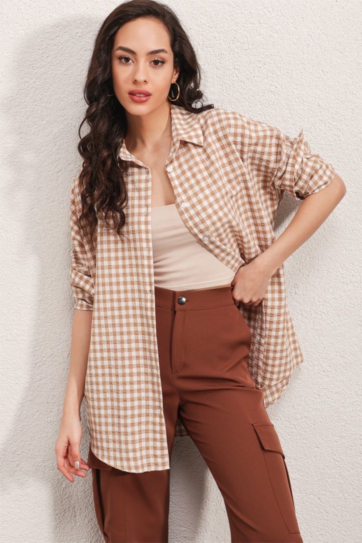 novafems 3900 Oversize Kareli Gömlek - Y.Bej