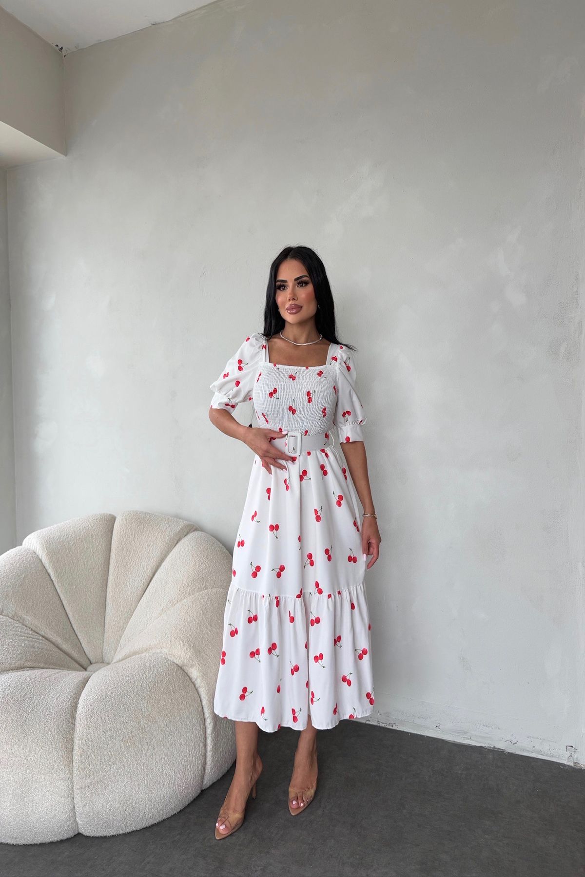 kamacibutik Kare Yaka Kemerli Çiçek Desenli Elbise