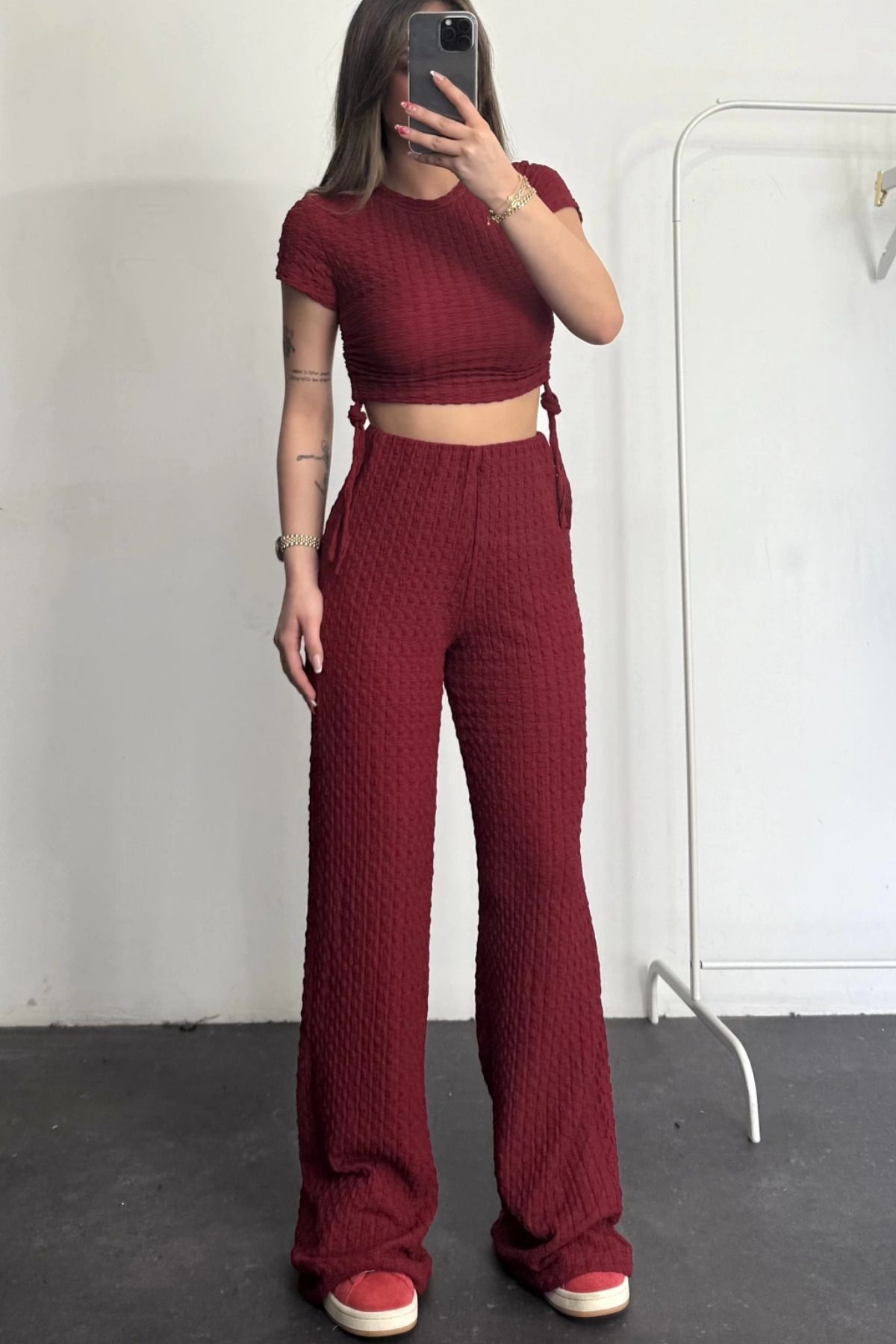 MOZENA Yanları Büzgülü Gofre Kumaş Bluz ve Pantolon Takım