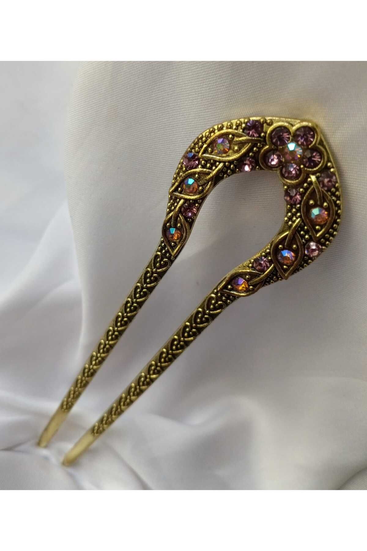 TakıBySultan Saç Aksesuarı/Mor Renk Taşlı Antik Bronz Metal Desenli Topuz Tokası.