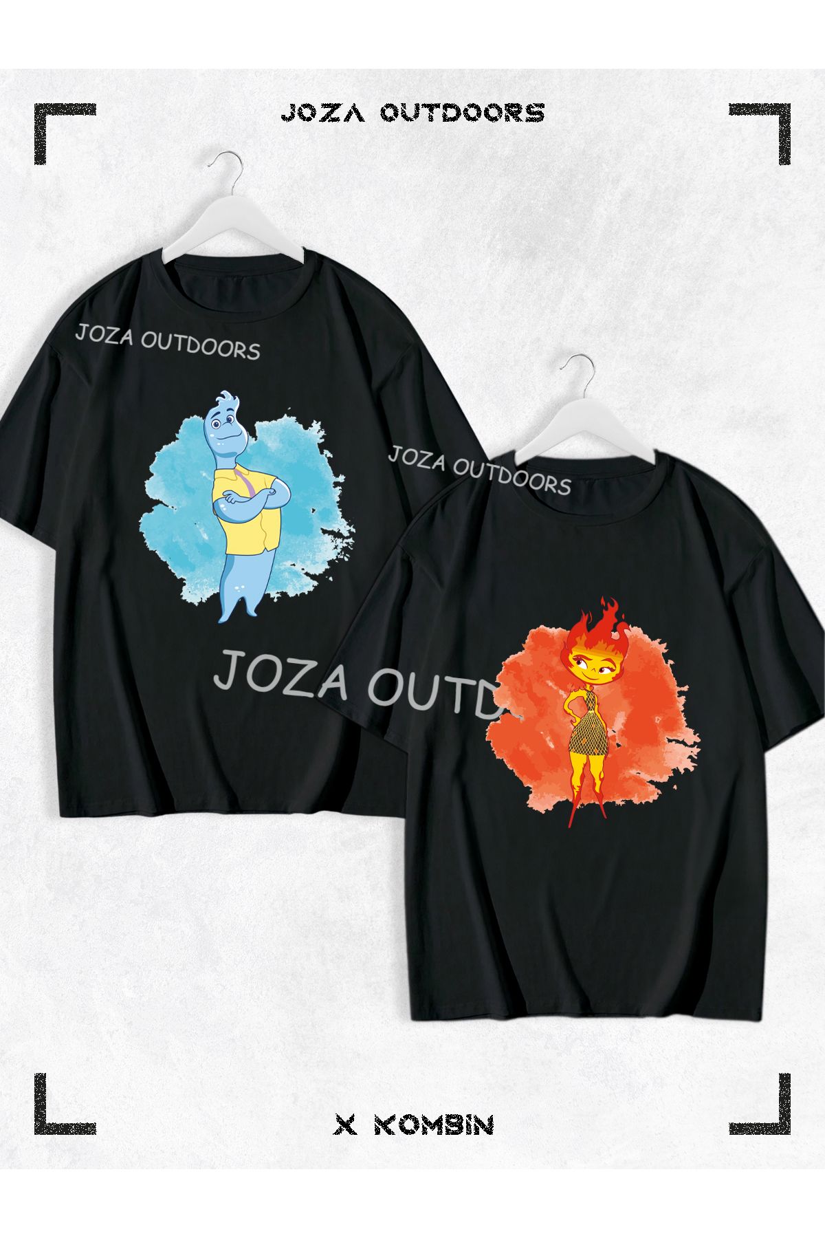 Joza Outdoors Kadın Erkek Unisex Yeni Ateş ve Su Ön Baskılı Sevgili Çift Kombini Oversize Renkli Tshirt 2'li Takım
