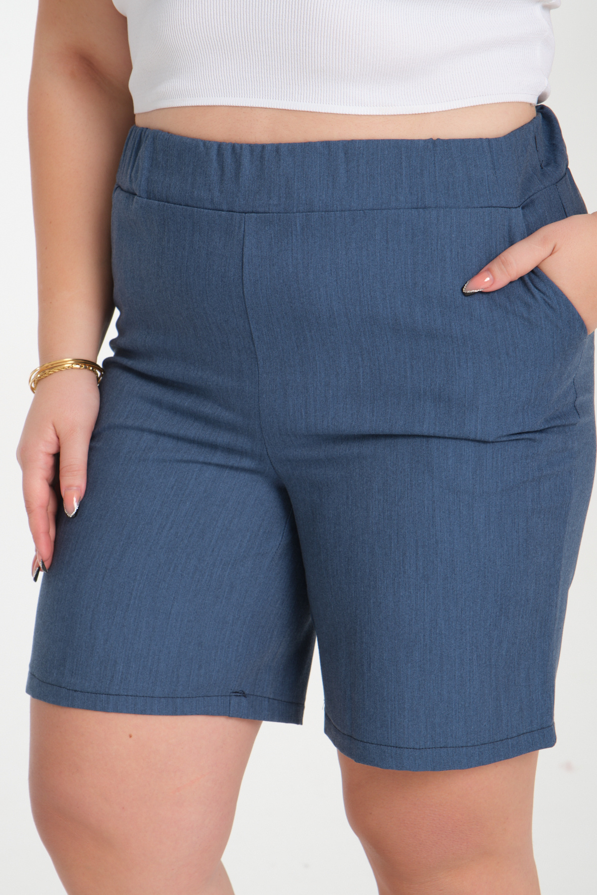 Gül Moda-Silk Denim Shorts Plus Size Elastic Waist Light Blue G118-2 6