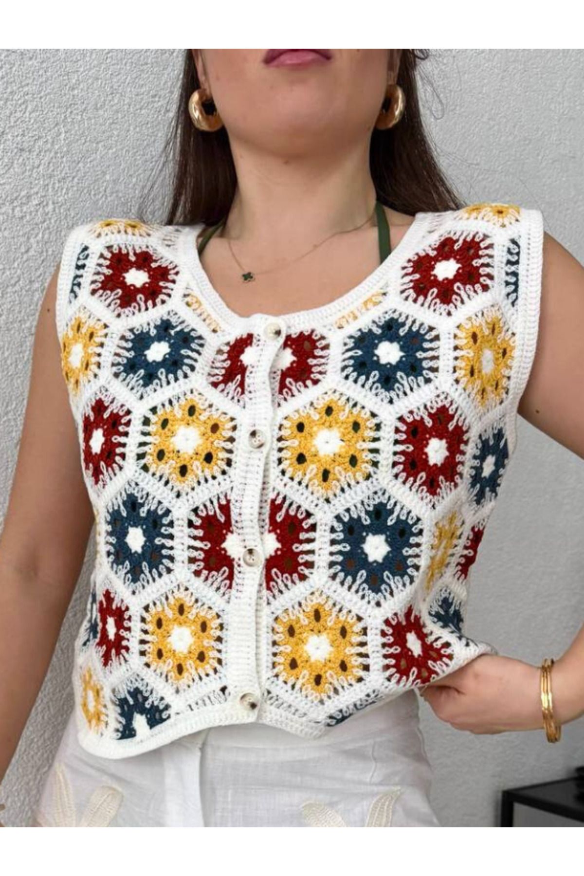 Modriq Kadın Yelek Örgü Crop Düğmeli Yazlık Salaş