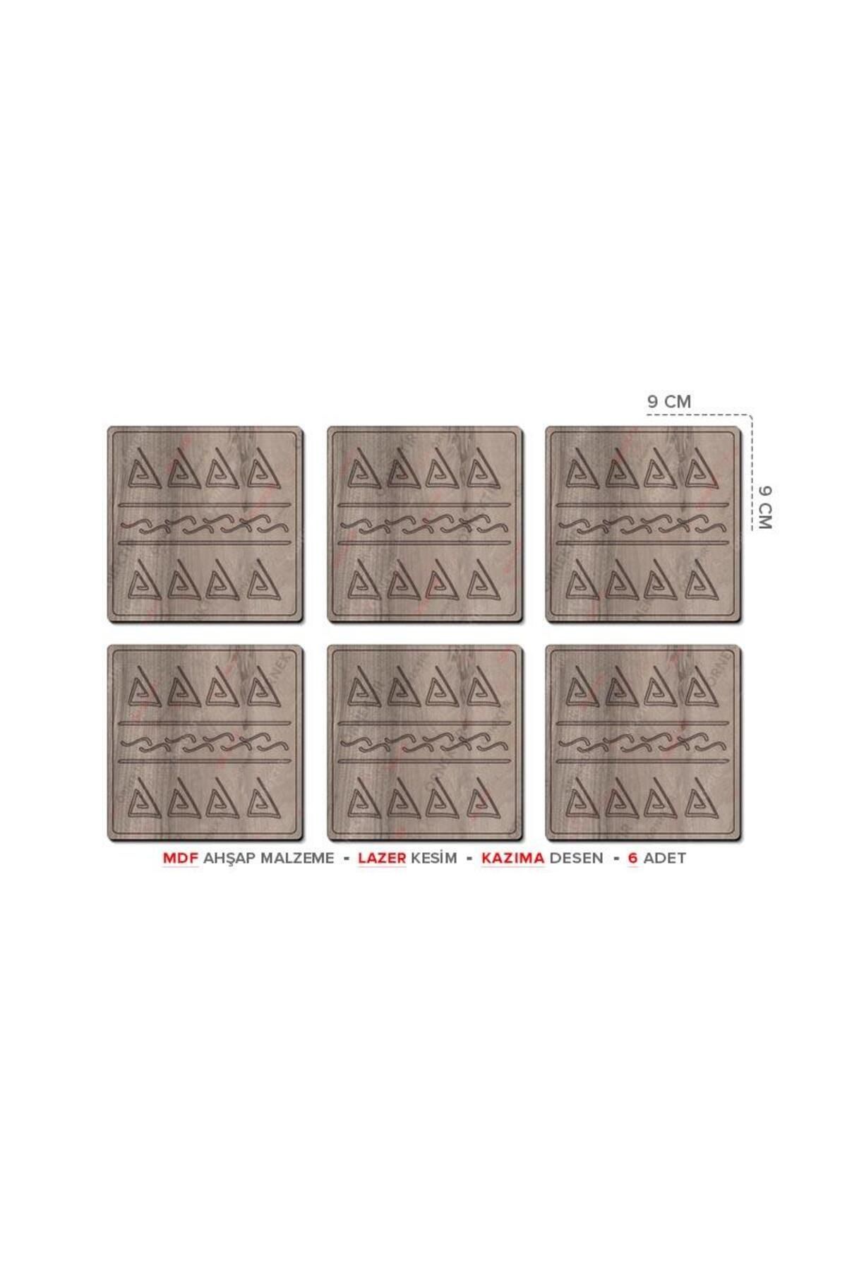 Posterya Ba01014 - Desenli Lazer Kesim Mdf Ahşap Altılı Set Bardak Altlığı (9×9cm)